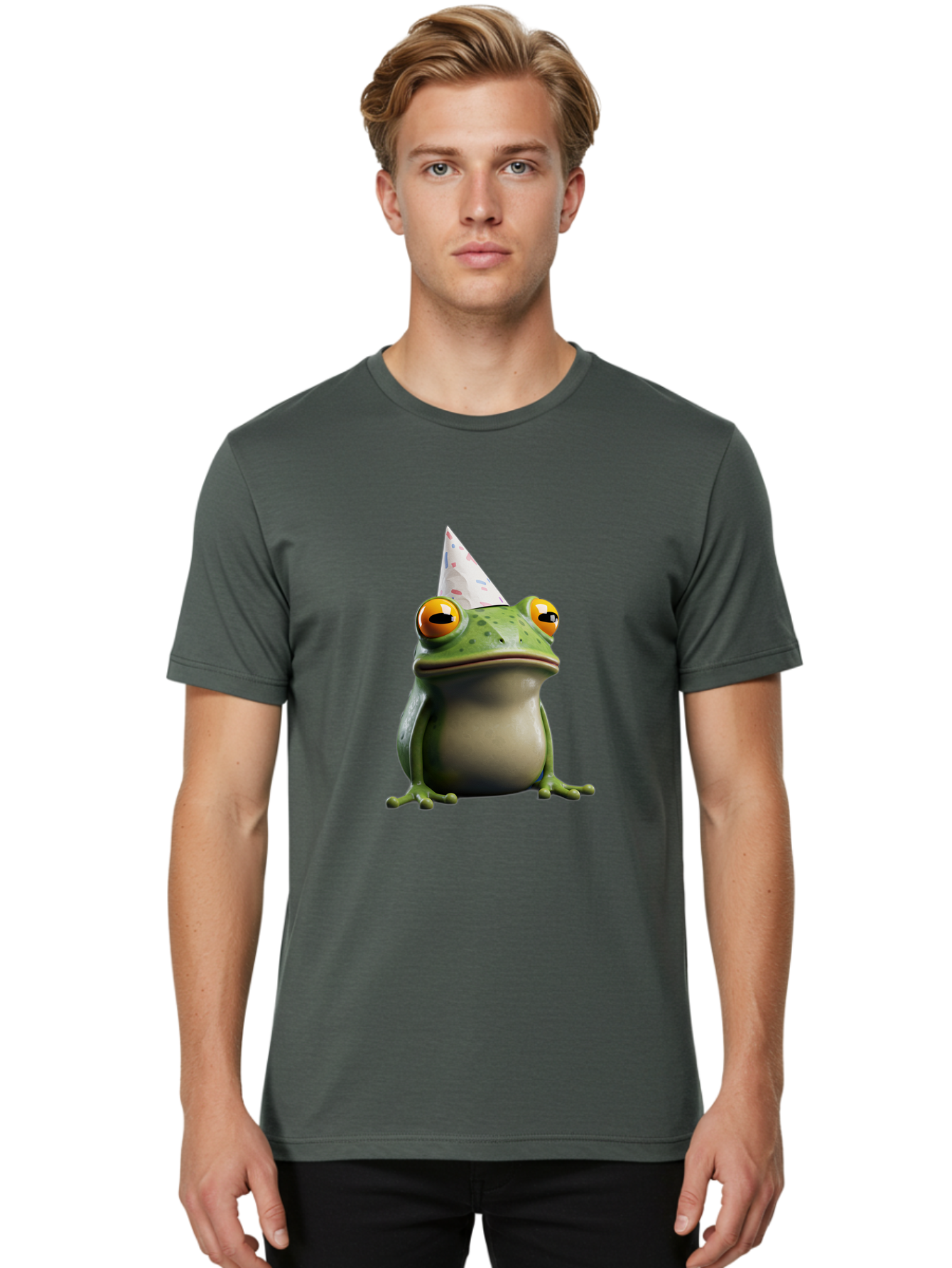 Frog-With-Party-Hat-3 Men'S Graphic Tee, 100% Cotton, Comfortable Casual Summer Wear, Machine Washable, Cartoon Frog, Party Hat, Celebration, Green Frog, Funny Animal, Festive Atmosphere, Comical Character, Joyful Scene, Cute Illustration, Bab931