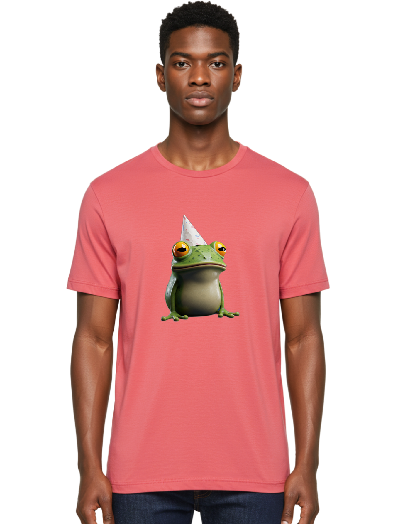 Frog-With-Party-Hat-3 Men'S Graphic Tee, 100% Cotton, Comfortable Casual Summer Wear, Machine Washable, Cartoon Frog, Party Hat, Celebration, Green Frog, Funny Animal, Festive Atmosphere, Comical Character, Joyful Scene, Cute Illustration, Bab931