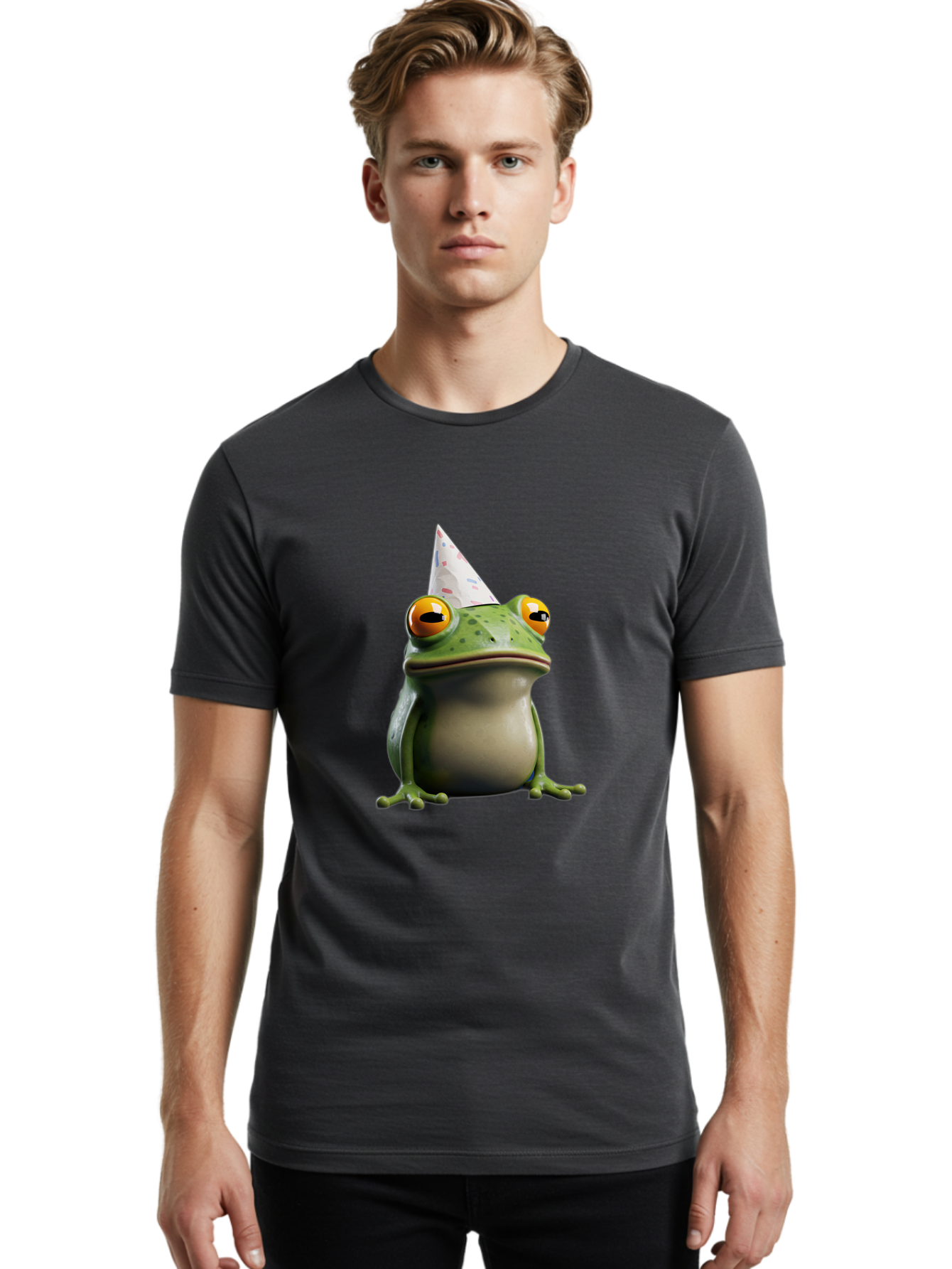 Frog-With-Party-Hat-3 Men'S Graphic Tee, 100% Cotton, Comfortable Casual Summer Wear, Machine Washable, Cartoon Frog, Party Hat, Celebration, Green Frog, Funny Animal, Festive Atmosphere, Comical Character, Joyful Scene, Cute Illustration, Bab931