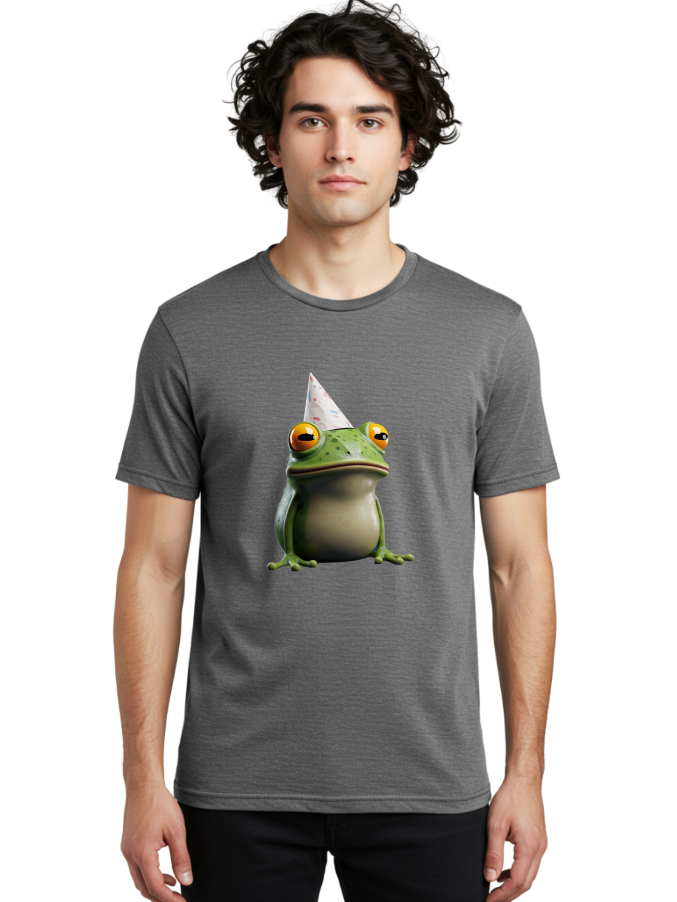 Frog-With-Party-Hat-3 Men'S Graphic Tee, 100% Cotton, Comfortable Casual Summer Wear, Machine Washable, Cartoon Frog, Party Hat, Celebration, Green Frog, Funny Animal, Festive Atmosphere, Comical Character, Joyful Scene, Cute Illustration, Bab931