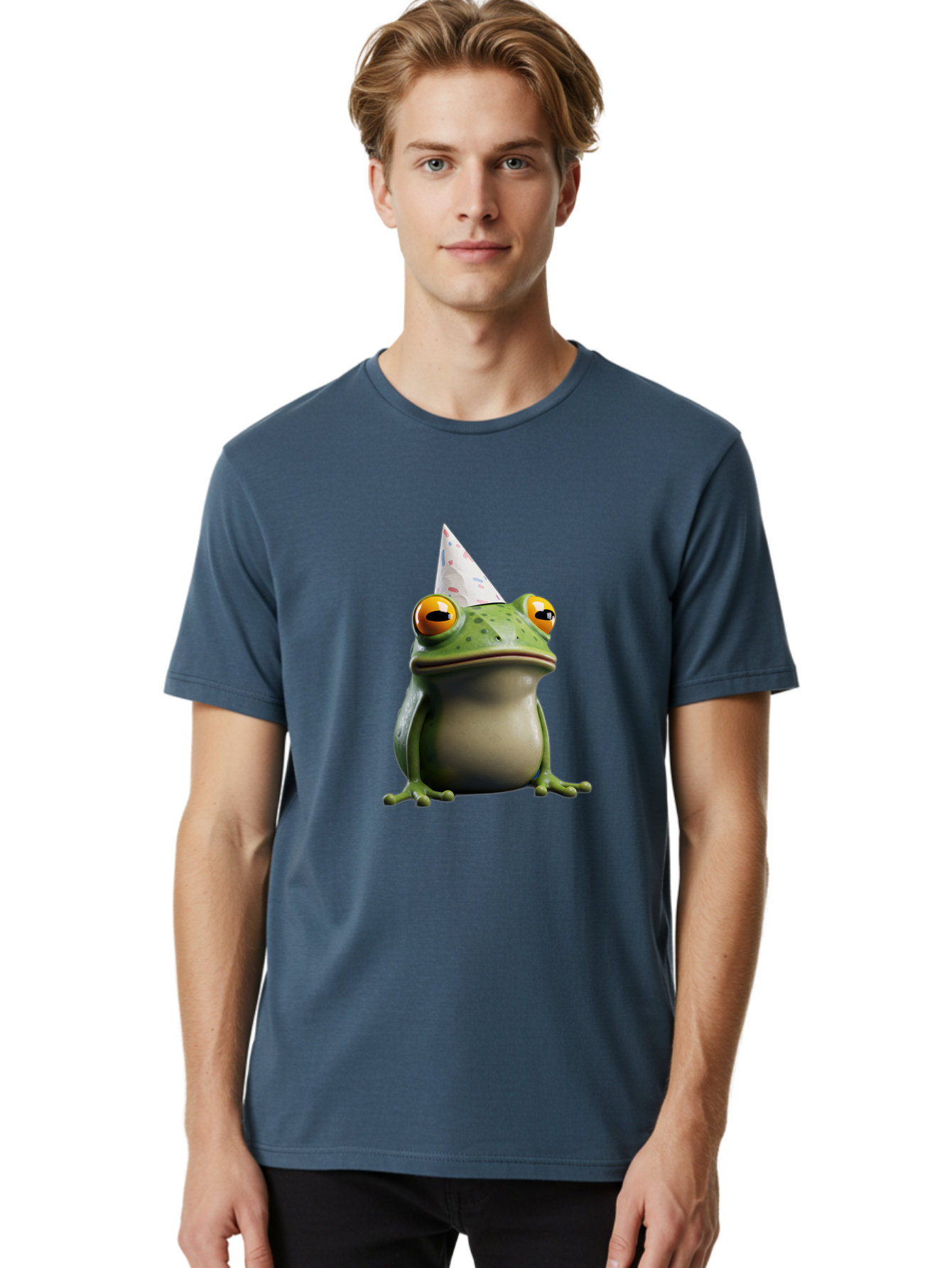 Frog-With-Party-Hat-3 Men'S Graphic Tee, 100% Cotton, Comfortable Casual Summer Wear, Machine Washable, Cartoon Frog, Party Hat, Celebration, Green Frog, Funny Animal, Festive Atmosphere, Comical Character, Joyful Scene, Cute Illustration, Bab931
