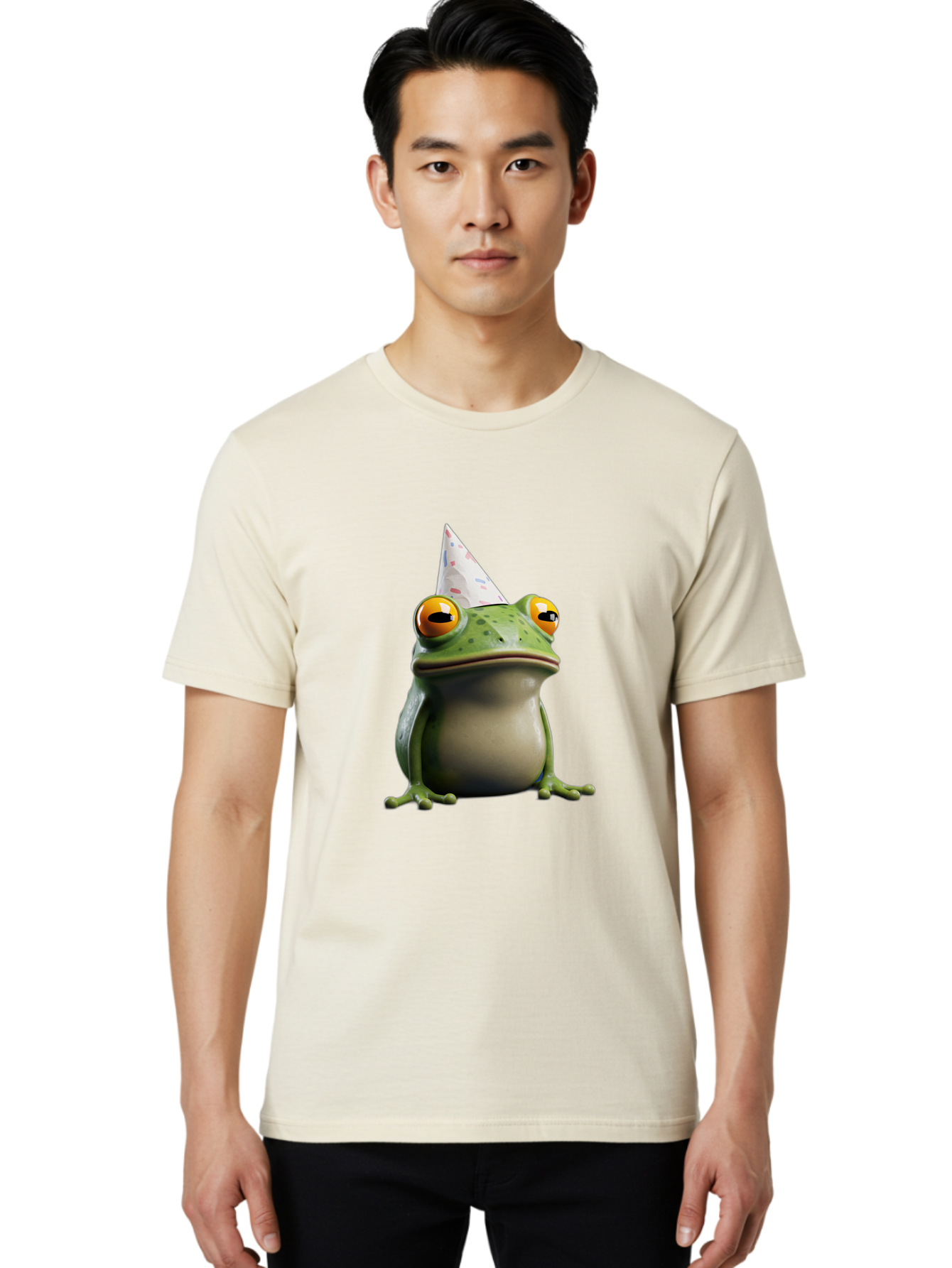 Frog-With-Party-Hat-3 Men'S Graphic Tee, 100% Cotton, Comfortable Casual Summer Wear, Machine Washable, Cartoon Frog, Party Hat, Celebration, Green Frog, Funny Animal, Festive Atmosphere, Comical Character, Joyful Scene, Cute Illustration, Bab931