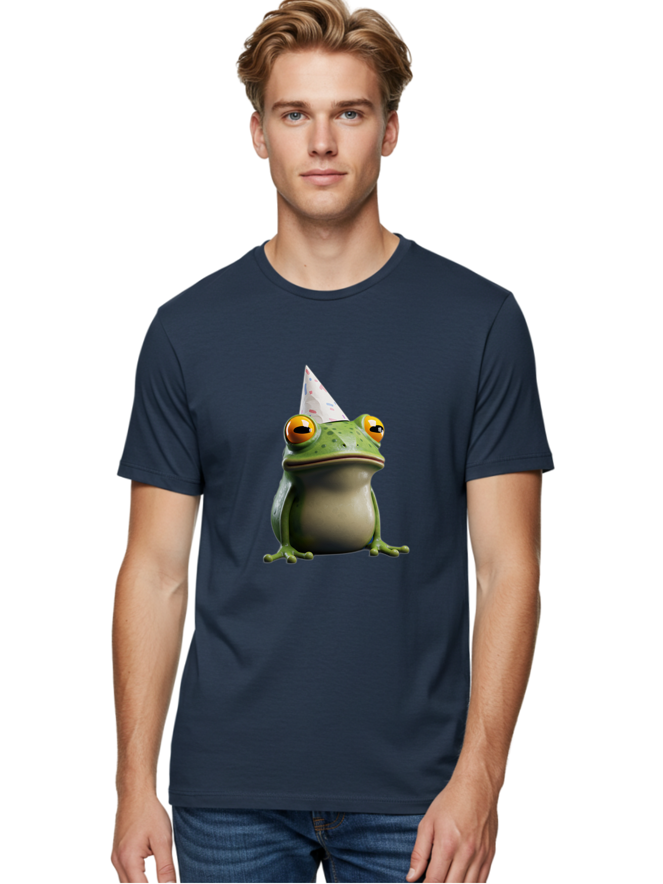 Frog-With-Party-Hat-3 Men'S Graphic Tee, 100% Cotton, Comfortable Casual Summer Wear, Machine Washable, Cartoon Frog, Party Hat, Celebration, Green Frog, Funny Animal, Festive Atmosphere, Comical Character, Joyful Scene, Cute Illustration, Bab931