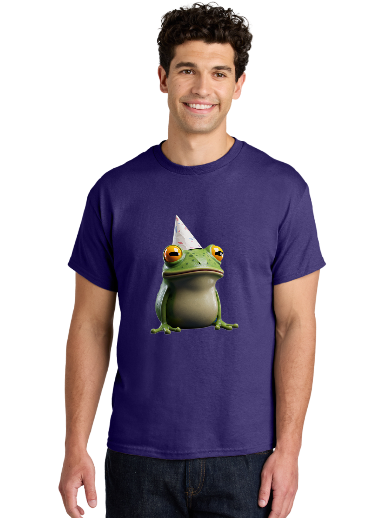 Frog-With-Party-Hat-3 Men'S Graphic Tee, 100% Cotton, Comfortable Casual Summer Wear, Machine Washable, Cartoon Frog, Party Hat, Celebration, Green Frog, Funny Animal, Festive Atmosphere, Comical Character, Joyful Scene, Cute Illustration, Bab931