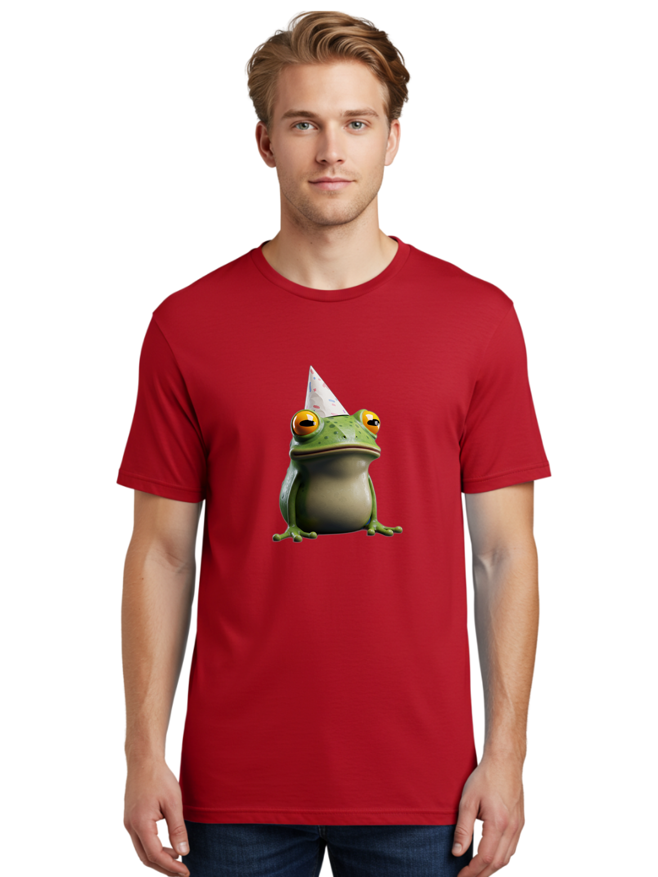 Frog-With-Party-Hat-3 Men'S Graphic Tee, 100% Cotton, Comfortable Casual Summer Wear, Machine Washable, Cartoon Frog, Party Hat, Celebration, Green Frog, Funny Animal, Festive Atmosphere, Comical Character, Joyful Scene, Cute Illustration, Bab931