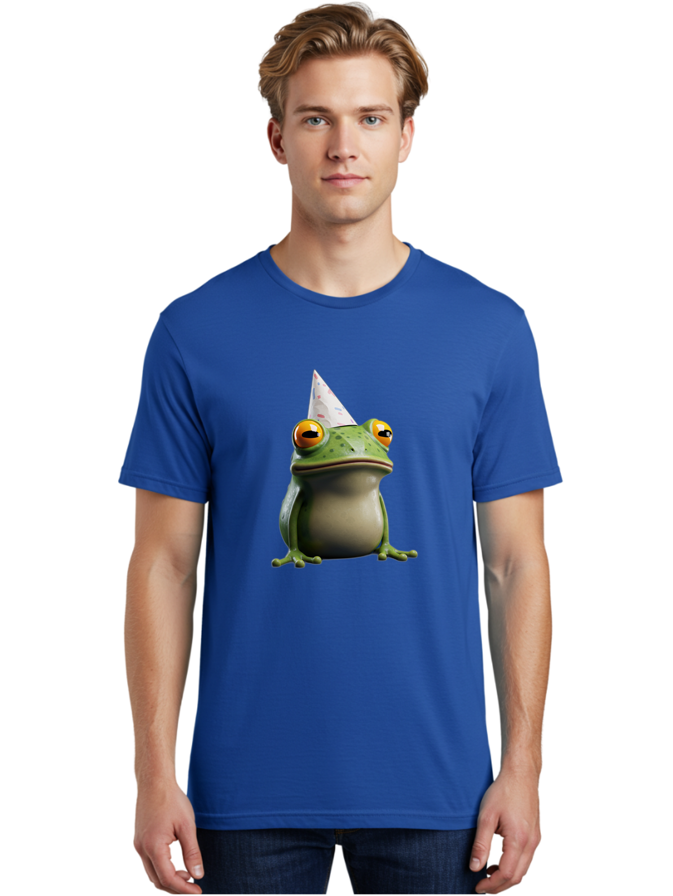 Frog-With-Party-Hat-3 Men'S Graphic Tee, 100% Cotton, Comfortable Casual Summer Wear, Machine Washable, Cartoon Frog, Party Hat, Celebration, Green Frog, Funny Animal, Festive Atmosphere, Comical Character, Joyful Scene, Cute Illustration, Bab931