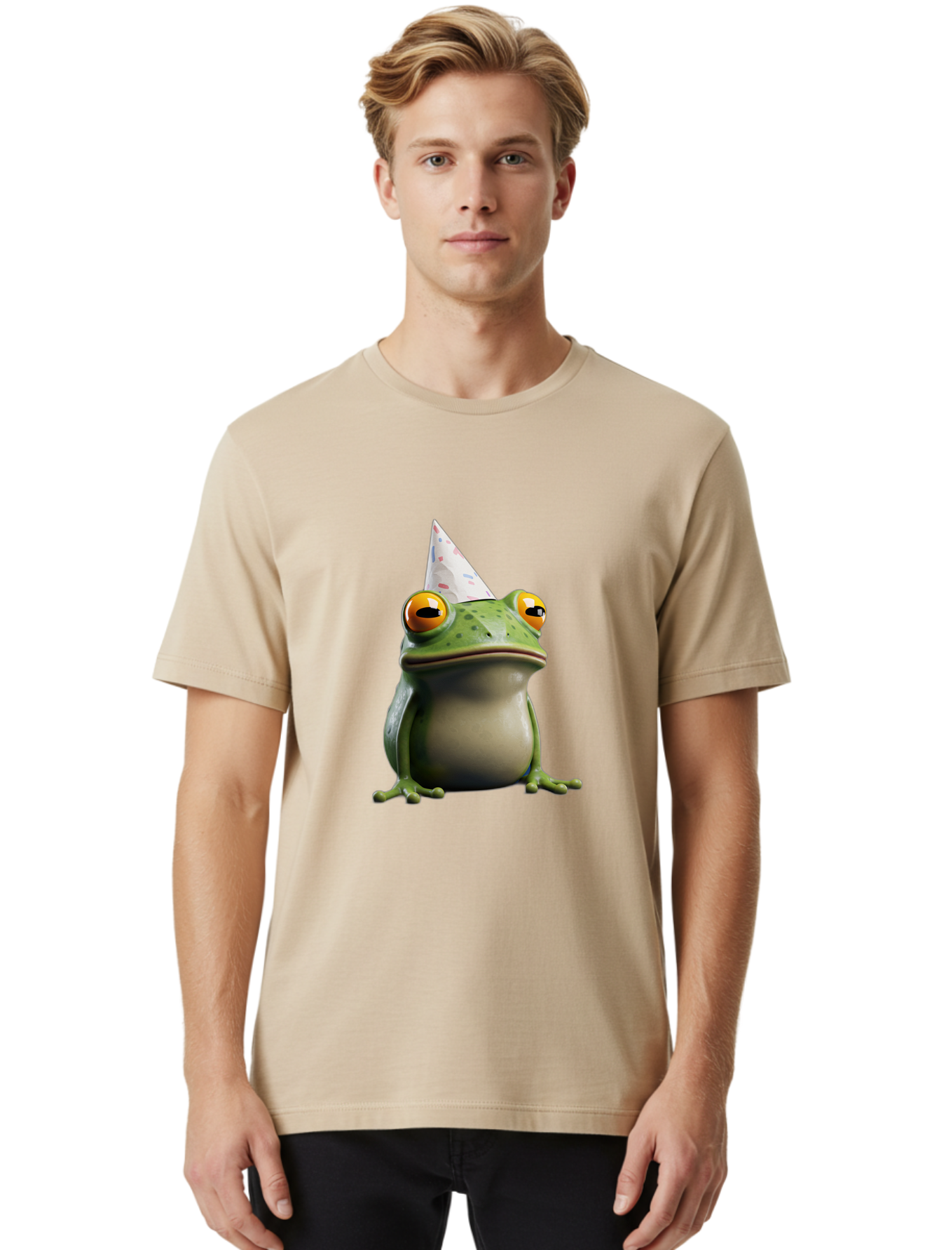 Frog-With-Party-Hat-3 Men'S Graphic Tee, 100% Cotton, Comfortable Casual Summer Wear, Machine Washable, Cartoon Frog, Party Hat, Celebration, Green Frog, Funny Animal, Festive Atmosphere, Comical Character, Joyful Scene, Cute Illustration, Bab931