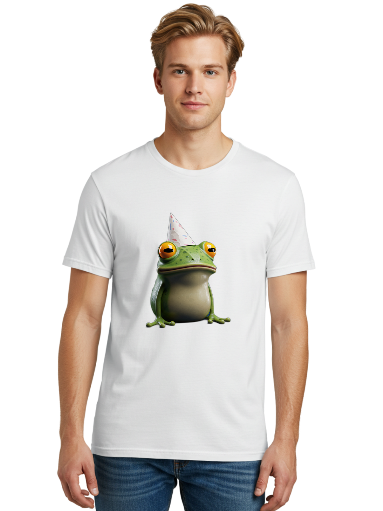 Frog-With-Party-Hat-3 Men'S Graphic Tee, 100% Cotton, Comfortable Casual Summer Wear, Machine Washable, Cartoon Frog, Party Hat, Celebration, Green Frog, Funny Animal, Festive Atmosphere, Comical Character, Joyful Scene, Cute Illustration, Bab931