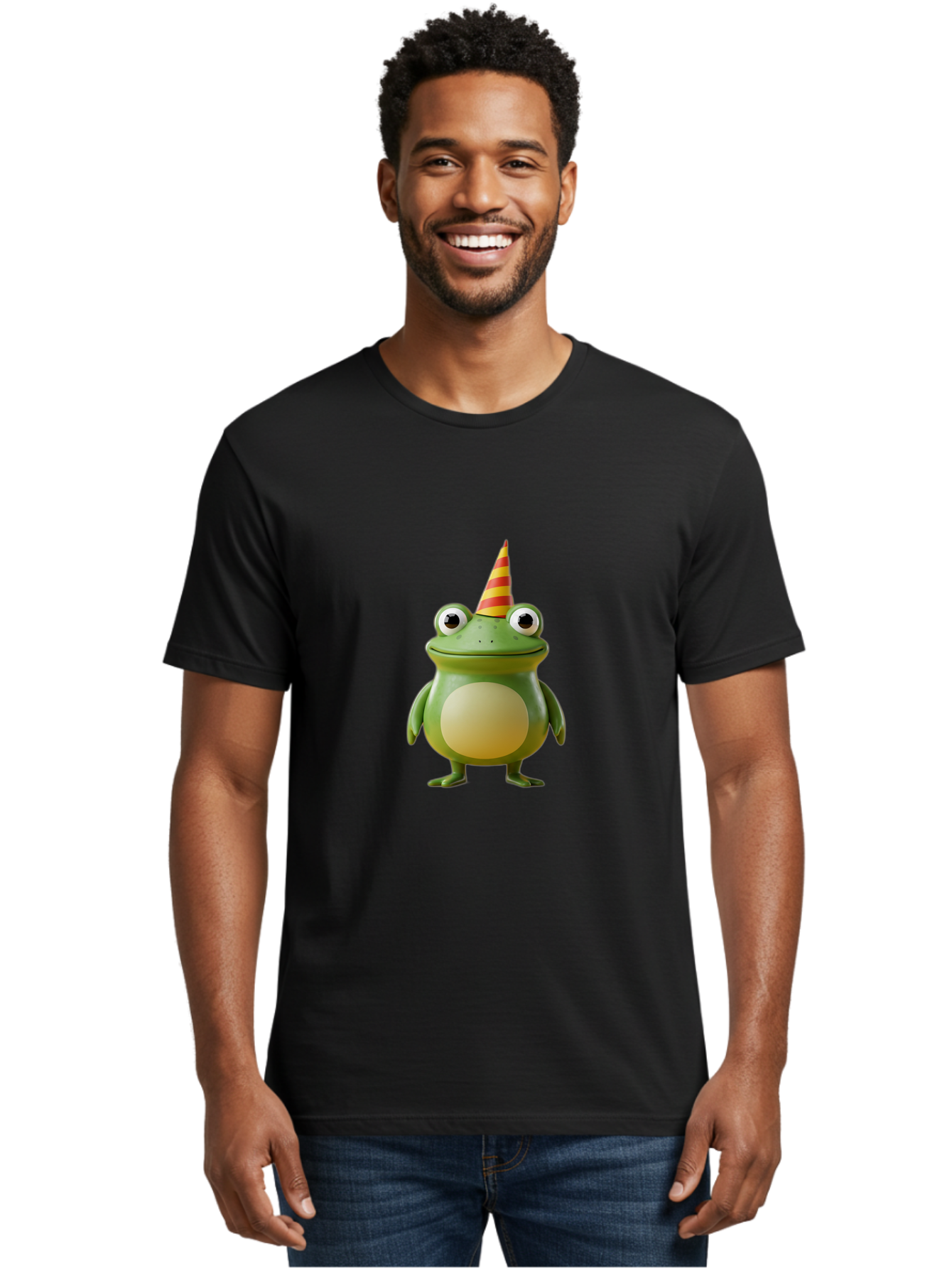 Frog-With-Party-Hat Men'S Graphic Tee, 100% Cotton, Comfortable Casual Summer Wear, Machine Washable, Cartoon Frog, Party Hat, Red And Yellow Stripes, Green Frog, Funny Character, Whimsical Design, Playful Illustration, Cute Animal, Bab932