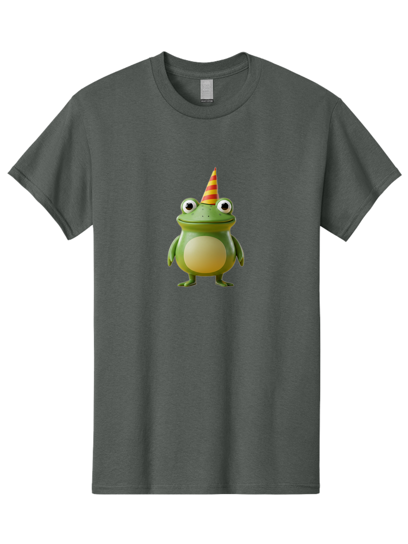 Frog-With-Party-Hat Men'S Graphic Tee, 100% Cotton, Comfortable Casual Summer Wear, Machine Washable, Cartoon Frog, Party Hat, Red And Yellow Stripes, Green Frog, Funny Character, Whimsical Design, Playful Illustration, Cute Animal, Bab932