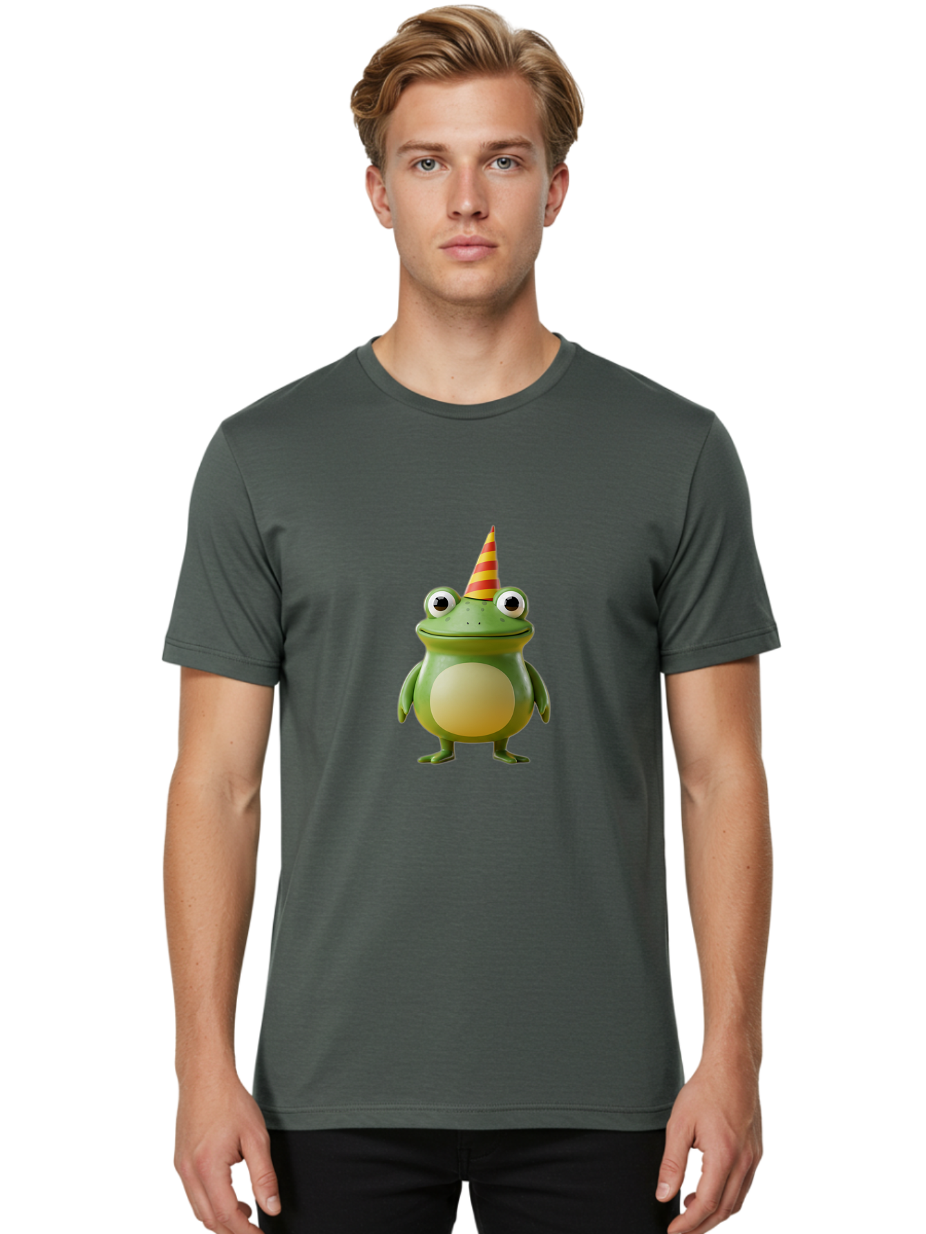 Frog-With-Party-Hat Men'S Graphic Tee, 100% Cotton, Comfortable Casual Summer Wear, Machine Washable, Cartoon Frog, Party Hat, Red And Yellow Stripes, Green Frog, Funny Character, Whimsical Design, Playful Illustration, Cute Animal, Bab932