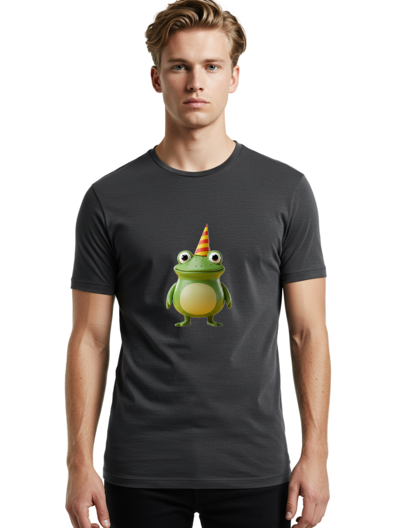 Frog-With-Party-Hat Men'S Graphic Tee, 100% Cotton, Comfortable Casual Summer Wear, Machine Washable, Cartoon Frog, Party Hat, Red And Yellow Stripes, Green Frog, Funny Character, Whimsical Design, Playful Illustration, Cute Animal, Bab932