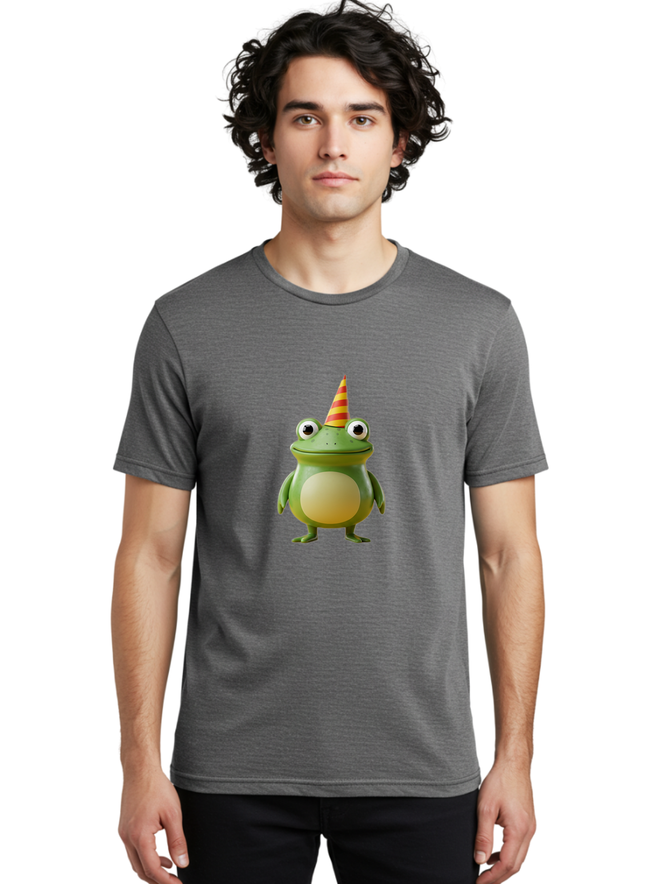 Frog-With-Party-Hat Men'S Graphic Tee, 100% Cotton, Comfortable Casual Summer Wear, Machine Washable, Cartoon Frog, Party Hat, Red And Yellow Stripes, Green Frog, Funny Character, Whimsical Design, Playful Illustration, Cute Animal, Bab932