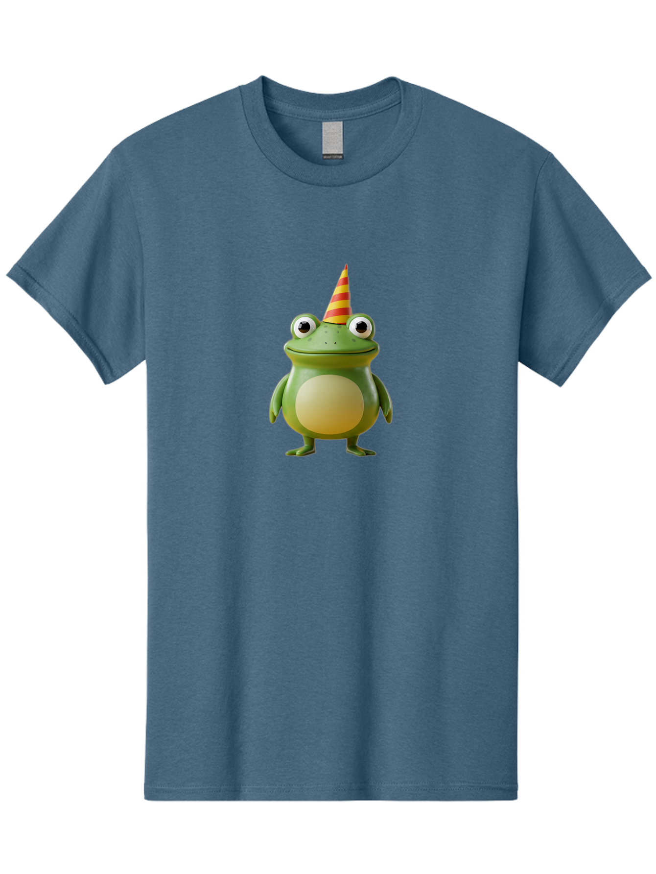 Frog-With-Party-Hat Men'S Graphic Tee, 100% Cotton, Comfortable Casual Summer Wear, Machine Washable, Cartoon Frog, Party Hat, Red And Yellow Stripes, Green Frog, Funny Character, Whimsical Design, Playful Illustration, Cute Animal, Bab932