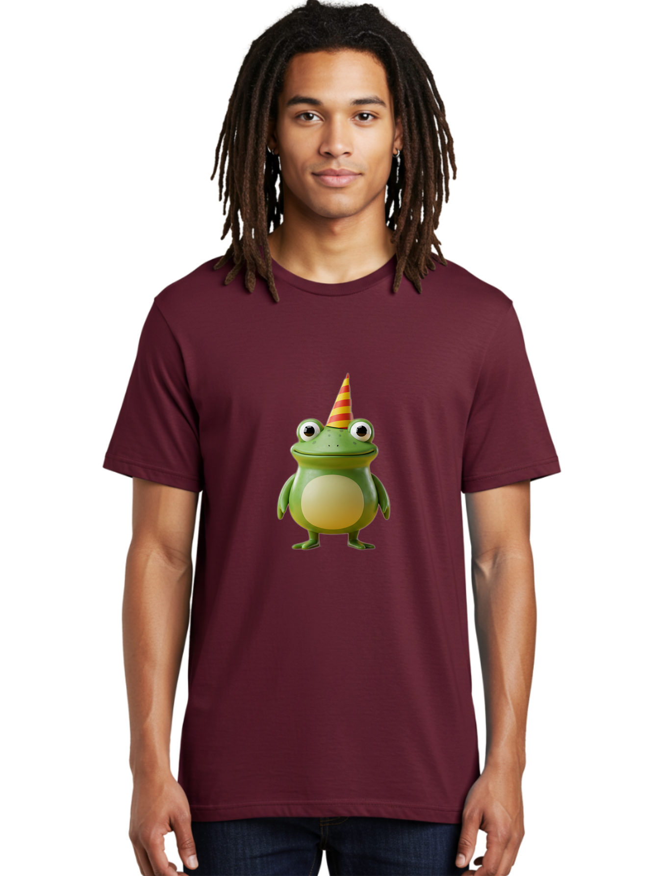Frog-With-Party-Hat Men'S Graphic Tee, 100% Cotton, Comfortable Casual Summer Wear, Machine Washable, Cartoon Frog, Party Hat, Red And Yellow Stripes, Green Frog, Funny Character, Whimsical Design, Playful Illustration, Cute Animal, Bab932