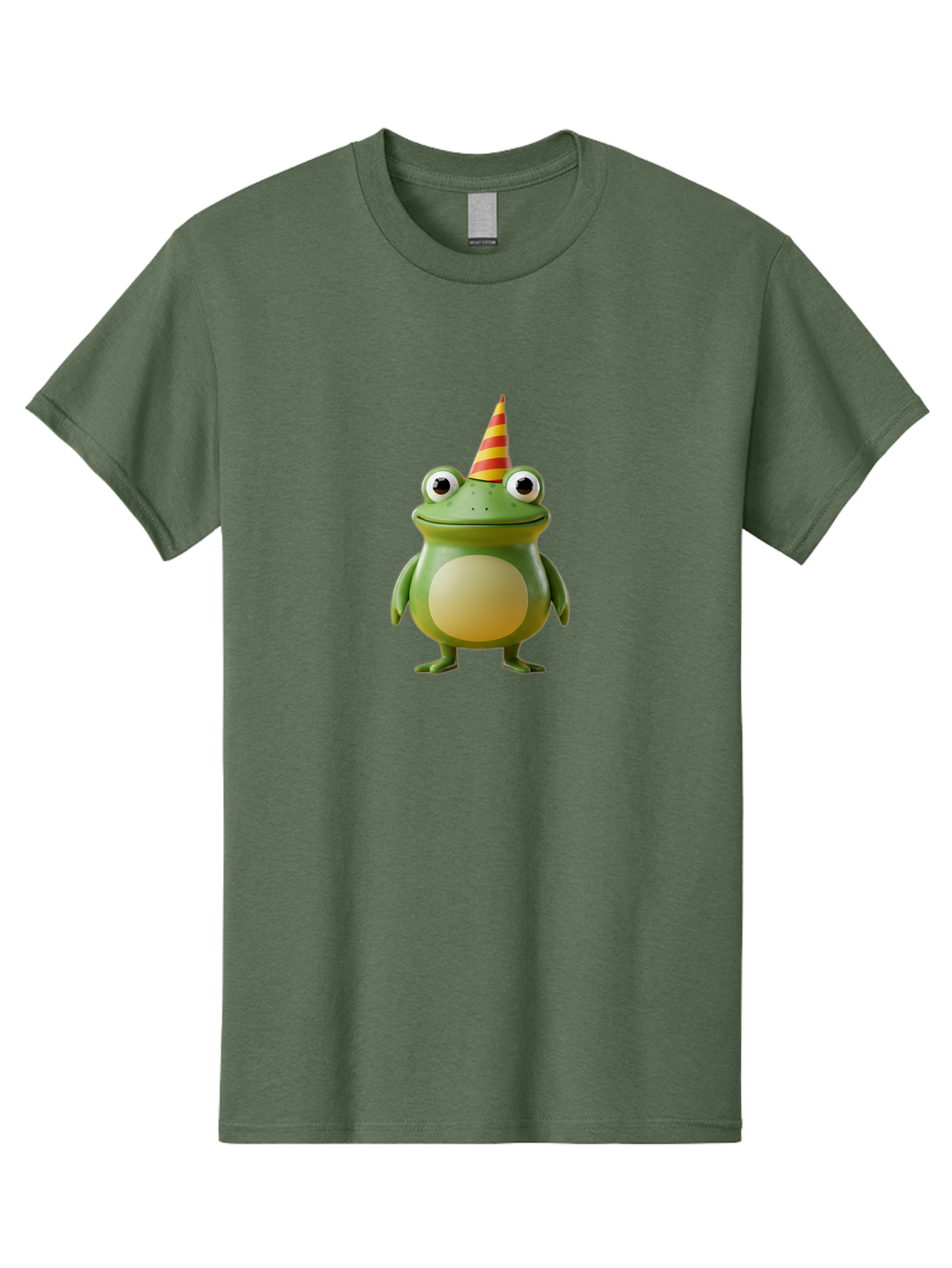 Frog-With-Party-Hat Men'S Graphic Tee, 100% Cotton, Comfortable Casual Summer Wear, Machine Washable, Cartoon Frog, Party Hat, Red And Yellow Stripes, Green Frog, Funny Character, Whimsical Design, Playful Illustration, Cute Animal, Bab932