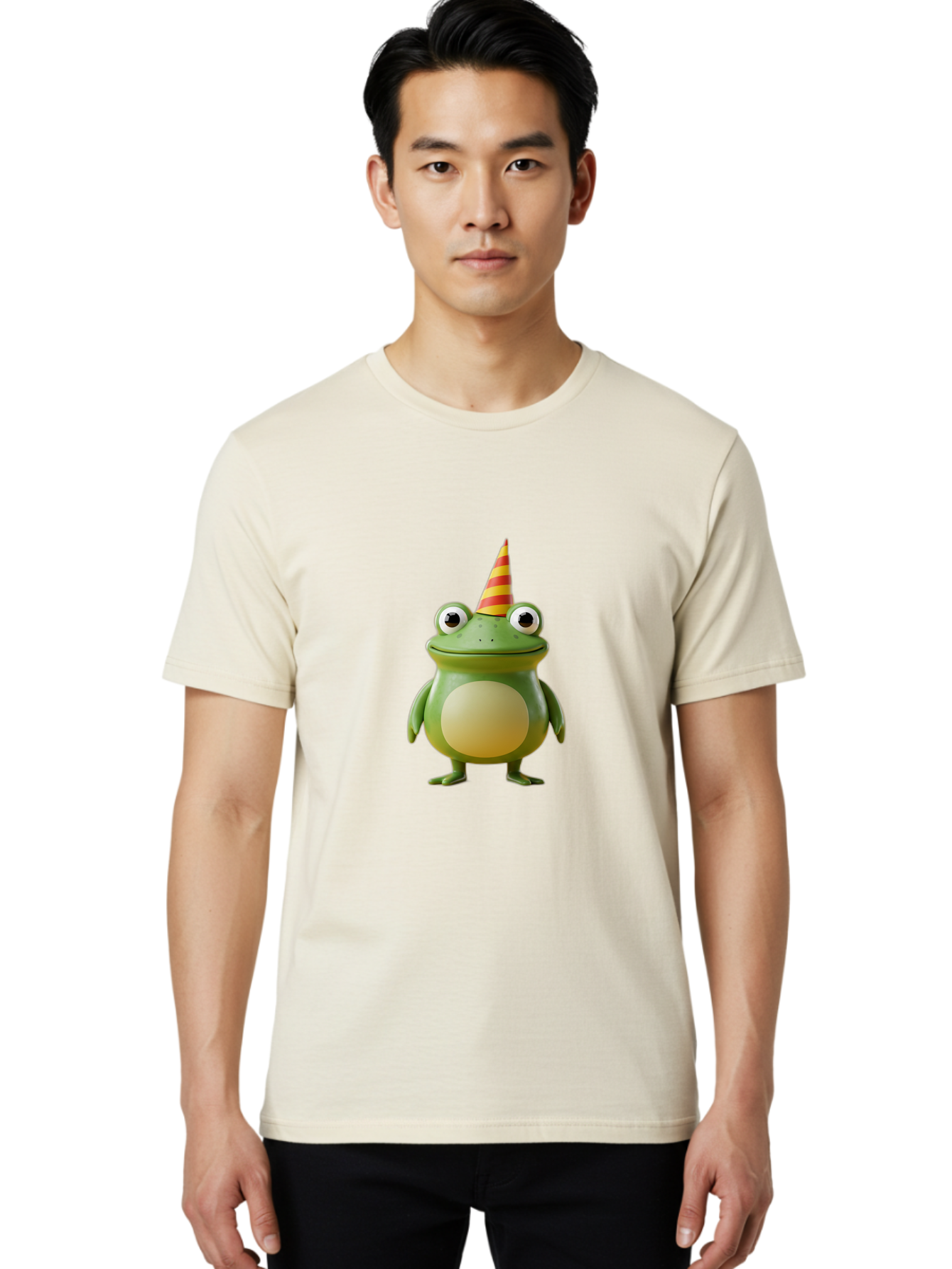 Frog-With-Party-Hat Men'S Graphic Tee, 100% Cotton, Comfortable Casual Summer Wear, Machine Washable, Cartoon Frog, Party Hat, Red And Yellow Stripes, Green Frog, Funny Character, Whimsical Design, Playful Illustration, Cute Animal, Bab932