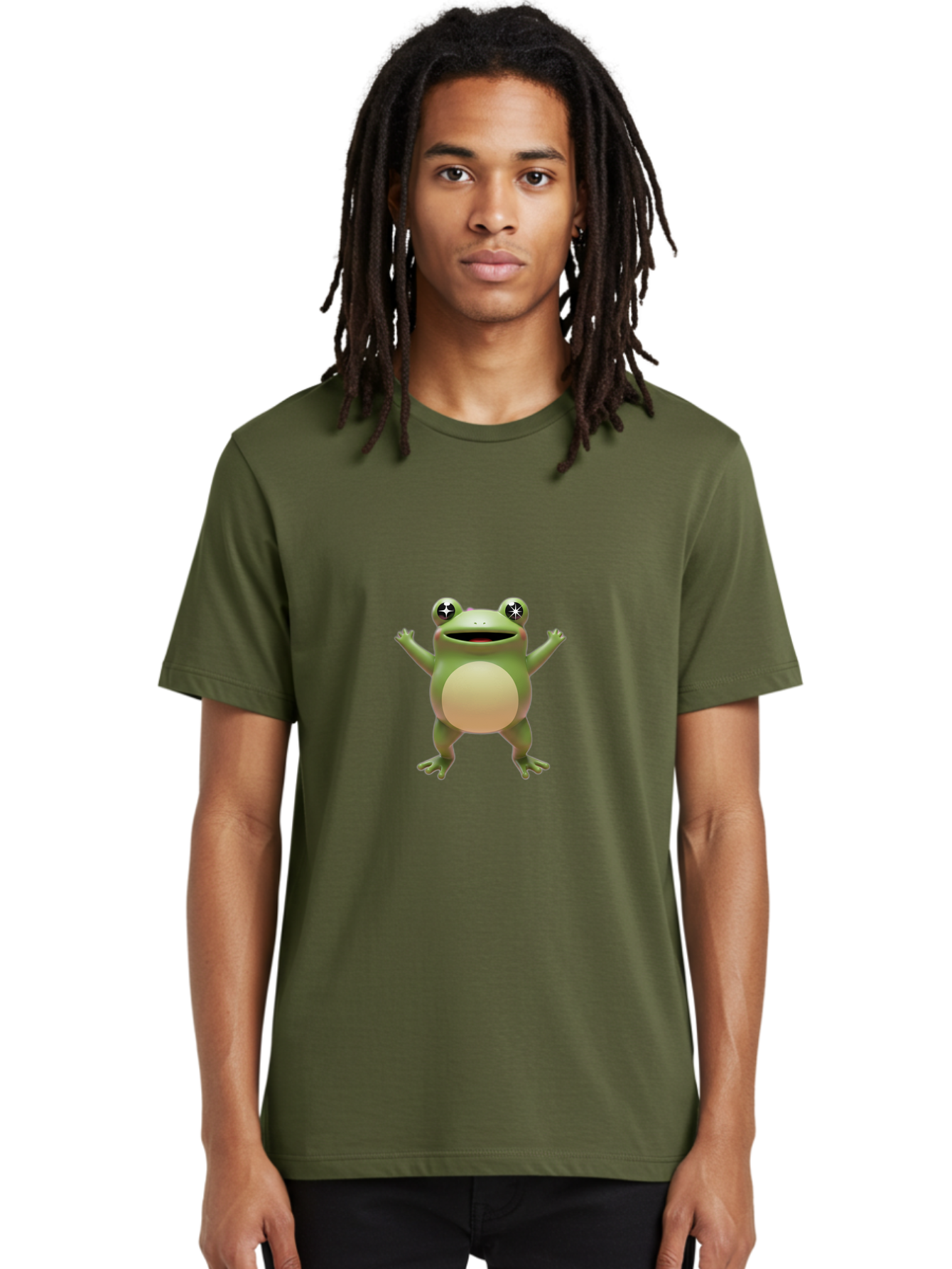Frog-With-Star-Eyes Men'S Graphic Tee, 100% Cotton, Comfortable Casual Summer Wear, Machine Washable, Cartoon Frog, Green Amphibian, Animated Character, Star Eyes, Happy Expression, Rounded Body, 3D Illustration, Digital Art, Fun Design, Bab933