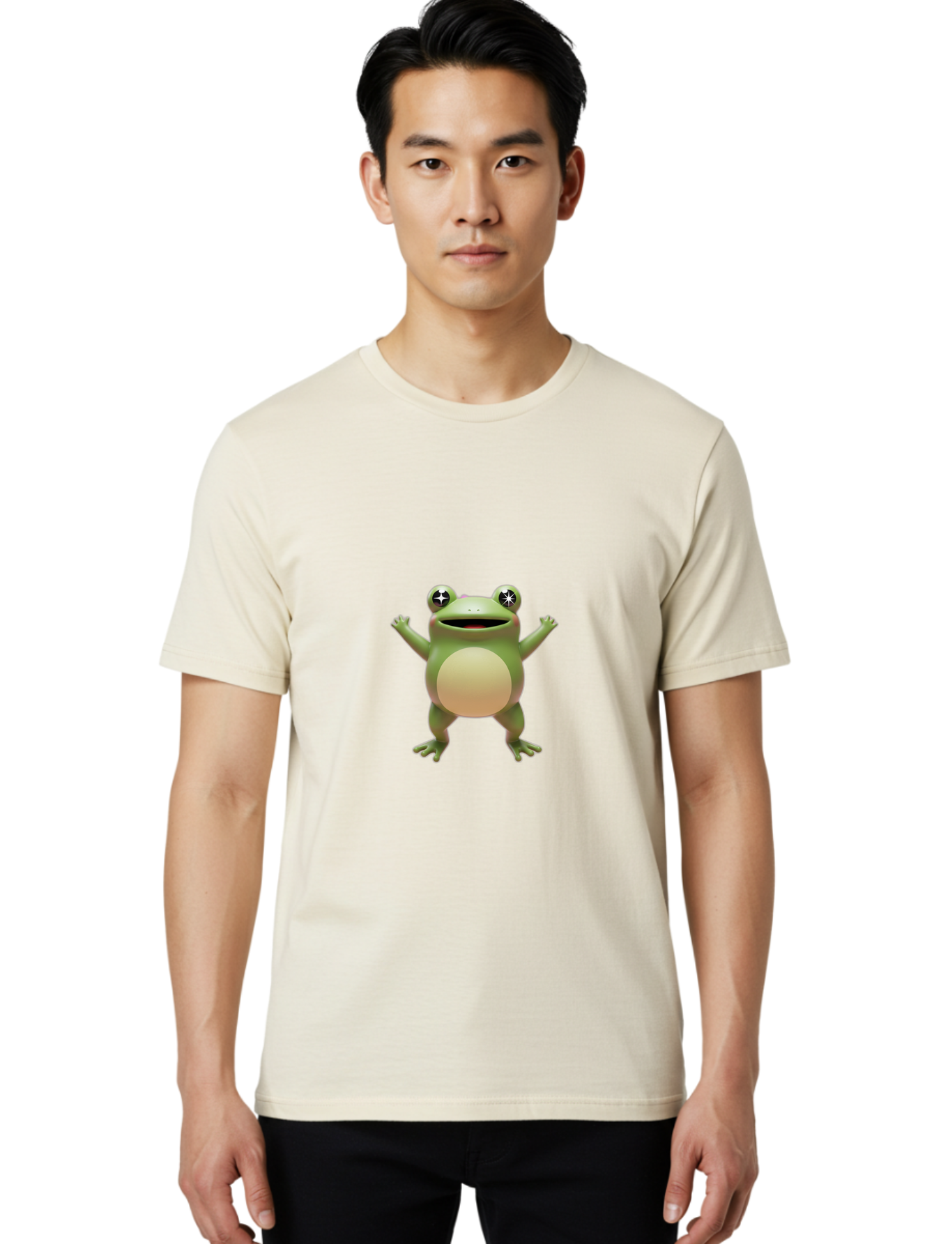 Frog-With-Star-Eyes Men'S Graphic Tee, 100% Cotton, Comfortable Casual Summer Wear, Machine Washable, Cartoon Frog, Green Amphibian, Animated Character, Star Eyes, Happy Expression, Rounded Body, 3D Illustration, Digital Art, Fun Design, Bab933