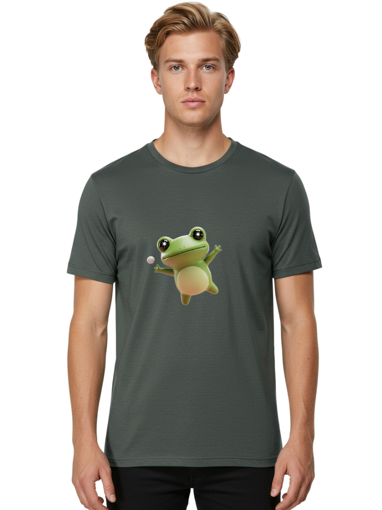 Frog Men'S Graphic Tee, 100% Cotton, Comfortable Casual Summer Wear, Machine Washable, Cartoon Frog, Playing With A Ball, Playful Frog, 3D Character, Animated Character, Funny Animal, Amusing Illustration, Frolicking Frog, Whimsical Creature Bab934