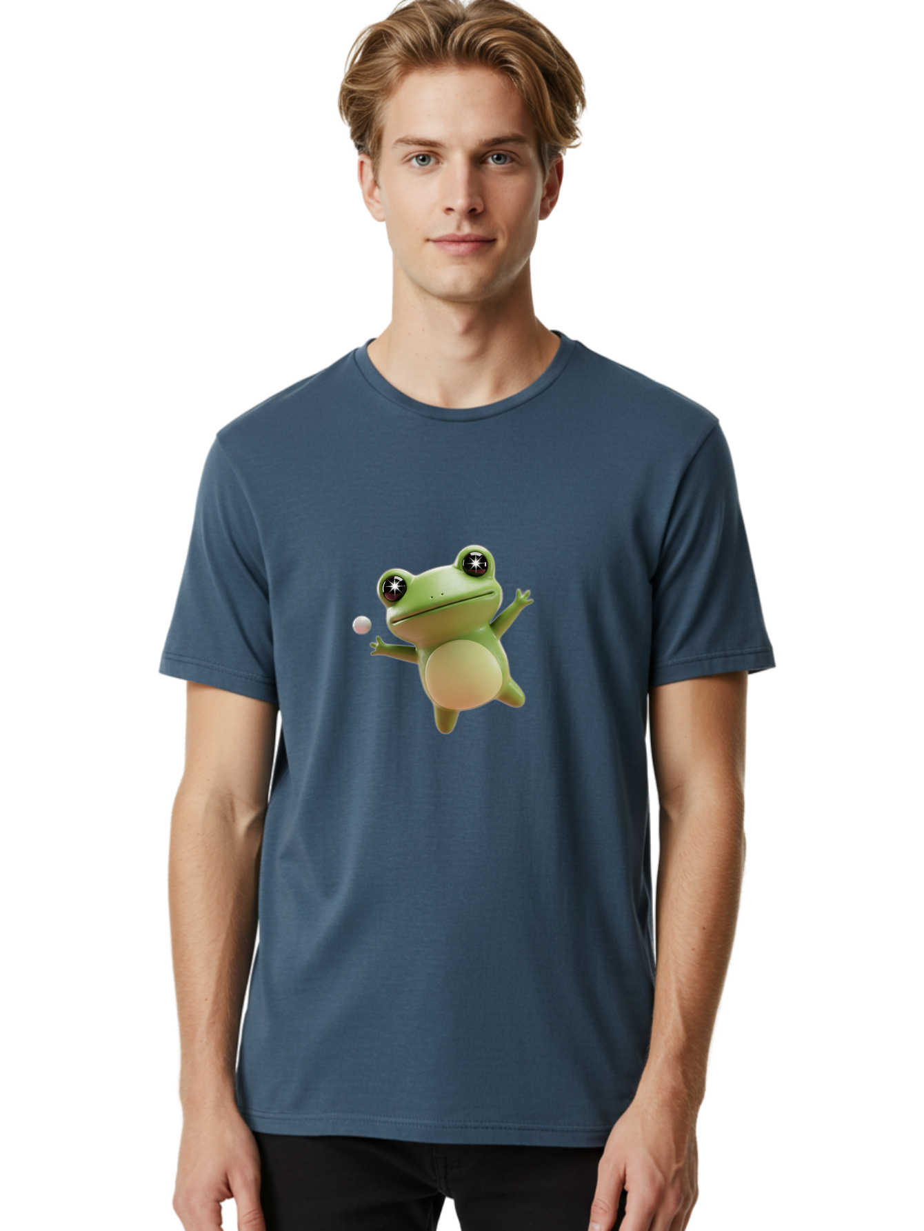 Frog Men'S Graphic Tee, 100% Cotton, Comfortable Casual Summer Wear, Machine Washable, Cartoon Frog, Playing With A Ball, Playful Frog, 3D Character, Animated Character, Funny Animal, Amusing Illustration, Frolicking Frog, Whimsical Creature Bab934