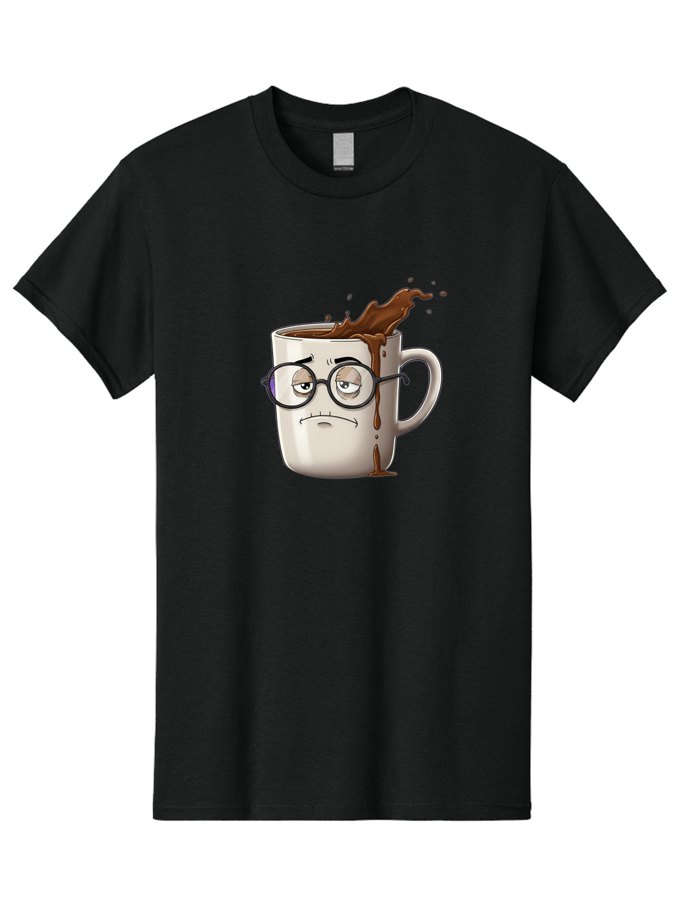 Frowning-Coffee-Mug Men'S Graphic Tee, 100% Cotton, Comfortable Casual Summer Wear, Machine Washable, Unhappy Coffee Cup, Messy Spill, Brown Liquid Splashing, Coffee Stains, Sad Face, Glasses On Mug, Comical Character, Coffee Lover Bab935