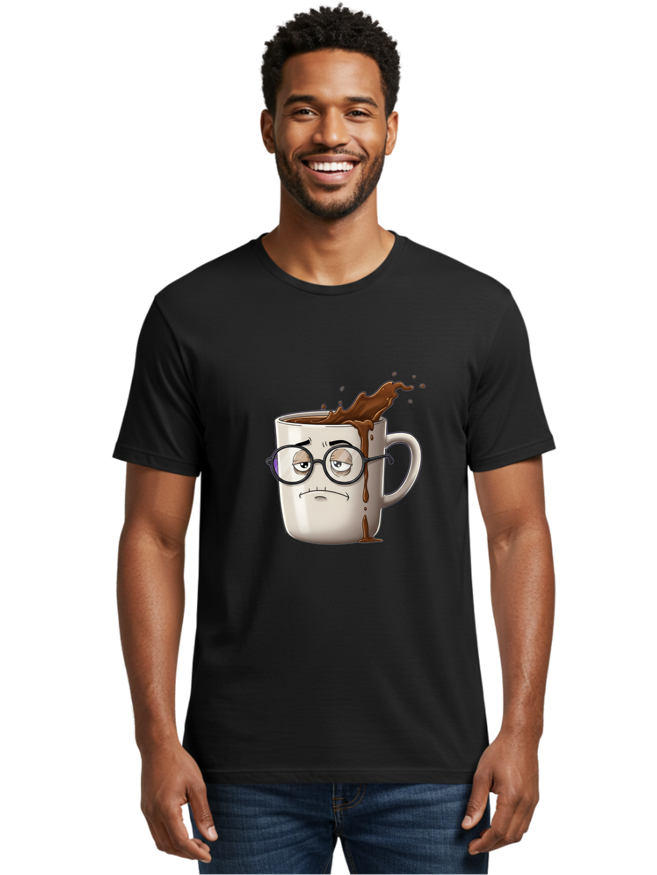 Frowning-Coffee-Mug Men'S Graphic Tee, 100% Cotton, Comfortable Casual Summer Wear, Machine Washable, Unhappy Coffee Cup, Messy Spill, Brown Liquid Splashing, Coffee Stains, Sad Face, Glasses On Mug, Comical Character, Coffee Lover Bab935