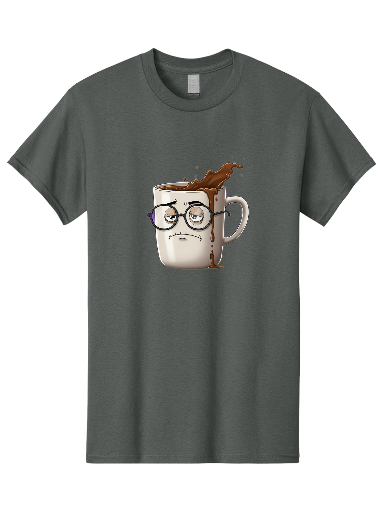 Frowning-Coffee-Mug Men'S Graphic Tee, 100% Cotton, Comfortable Casual Summer Wear, Machine Washable, Unhappy Coffee Cup, Messy Spill, Brown Liquid Splashing, Coffee Stains, Sad Face, Glasses On Mug, Comical Character, Coffee Lover Bab935