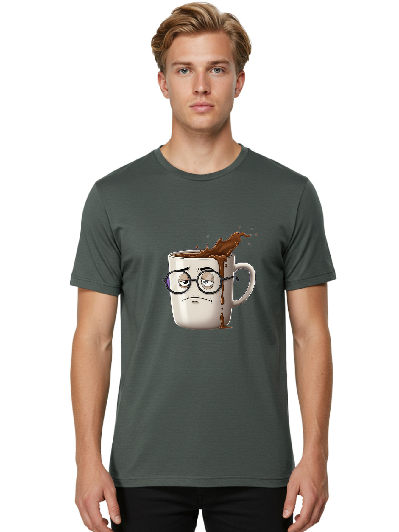Frowning-Coffee-Mug Men'S Graphic Tee, 100% Cotton, Comfortable Casual Summer Wear, Machine Washable, Unhappy Coffee Cup, Messy Spill, Brown Liquid Splashing, Coffee Stains, Sad Face, Glasses On Mug, Comical Character, Coffee Lover Bab935