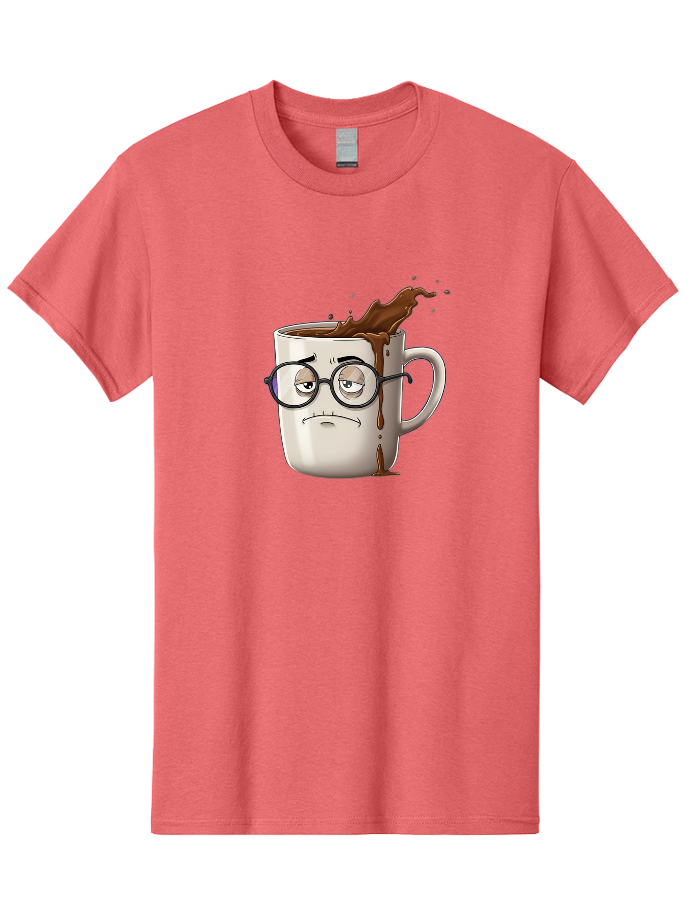 Frowning-Coffee-Mug Men'S Graphic Tee, 100% Cotton, Comfortable Casual Summer Wear, Machine Washable, Unhappy Coffee Cup, Messy Spill, Brown Liquid Splashing, Coffee Stains, Sad Face, Glasses On Mug, Comical Character, Coffee Lover Bab935