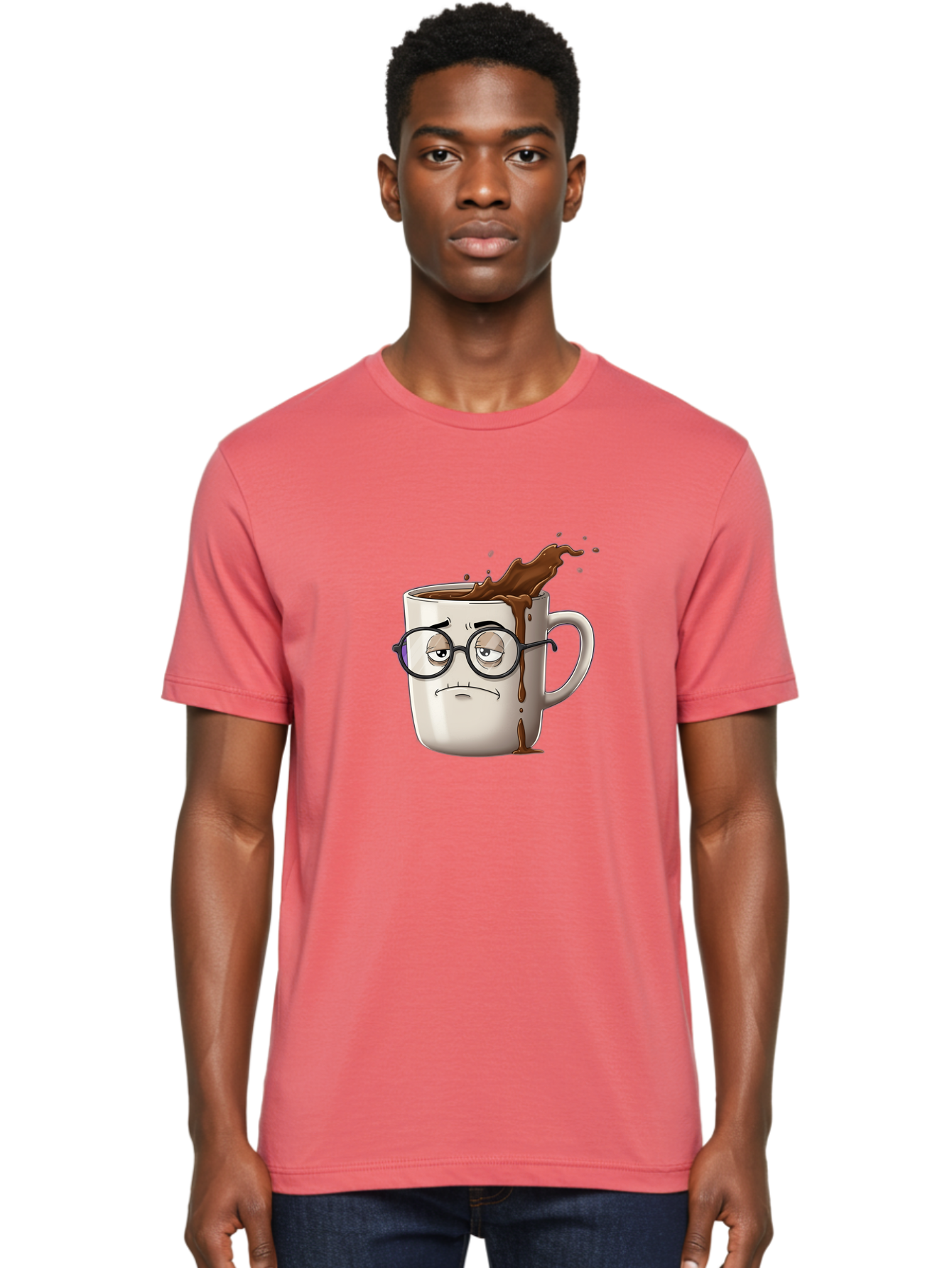 Frowning-Coffee-Mug Men'S Graphic Tee, 100% Cotton, Comfortable Casual Summer Wear, Machine Washable, Unhappy Coffee Cup, Messy Spill, Brown Liquid Splashing, Coffee Stains, Sad Face, Glasses On Mug, Comical Character, Coffee Lover Bab935
