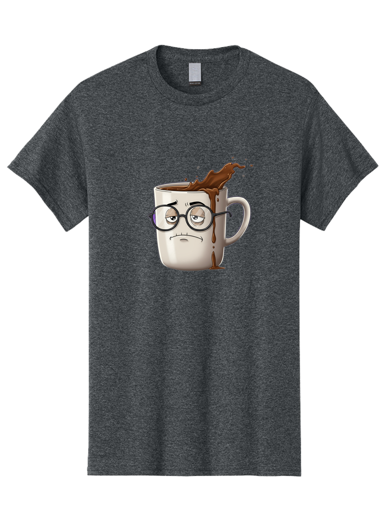 Frowning-Coffee-Mug Men'S Graphic Tee, 100% Cotton, Comfortable Casual Summer Wear, Machine Washable, Unhappy Coffee Cup, Messy Spill, Brown Liquid Splashing, Coffee Stains, Sad Face, Glasses On Mug, Comical Character, Coffee Lover Bab935