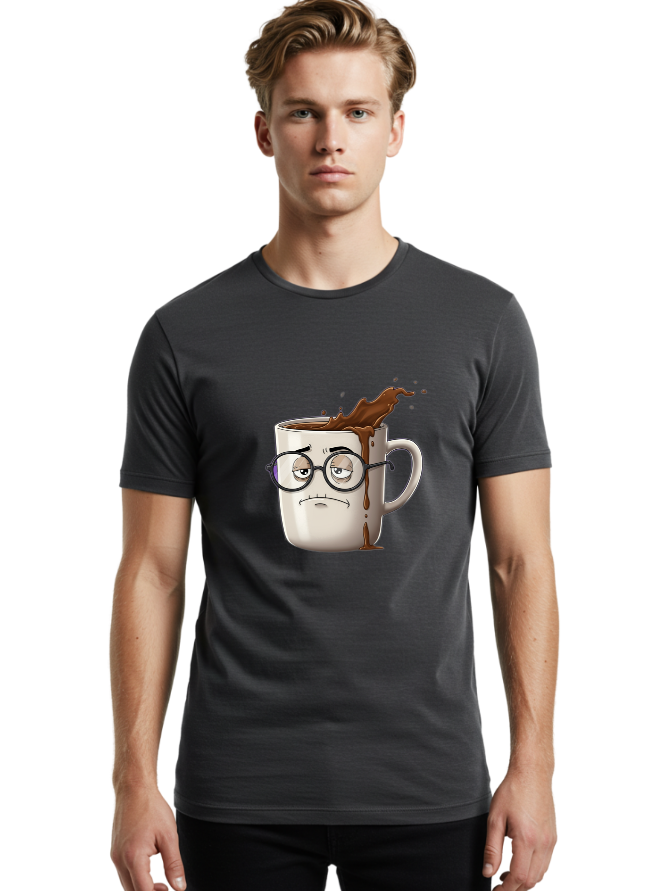 Frowning-Coffee-Mug Men'S Graphic Tee, 100% Cotton, Comfortable Casual Summer Wear, Machine Washable, Unhappy Coffee Cup, Messy Spill, Brown Liquid Splashing, Coffee Stains, Sad Face, Glasses On Mug, Comical Character, Coffee Lover Bab935
