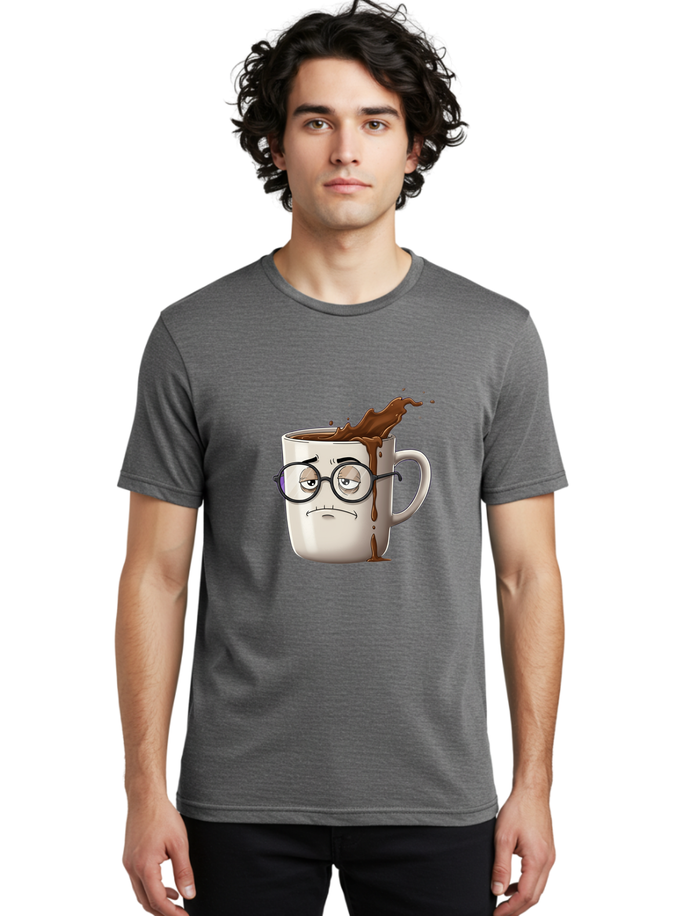 Frowning-Coffee-Mug Men'S Graphic Tee, 100% Cotton, Comfortable Casual Summer Wear, Machine Washable, Unhappy Coffee Cup, Messy Spill, Brown Liquid Splashing, Coffee Stains, Sad Face, Glasses On Mug, Comical Character, Coffee Lover Bab935