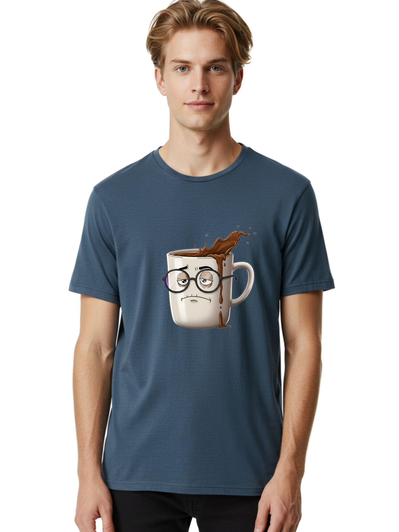 Frowning-Coffee-Mug Men'S Graphic Tee, 100% Cotton, Comfortable Casual Summer Wear, Machine Washable, Unhappy Coffee Cup, Messy Spill, Brown Liquid Splashing, Coffee Stains, Sad Face, Glasses On Mug, Comical Character, Coffee Lover Bab935