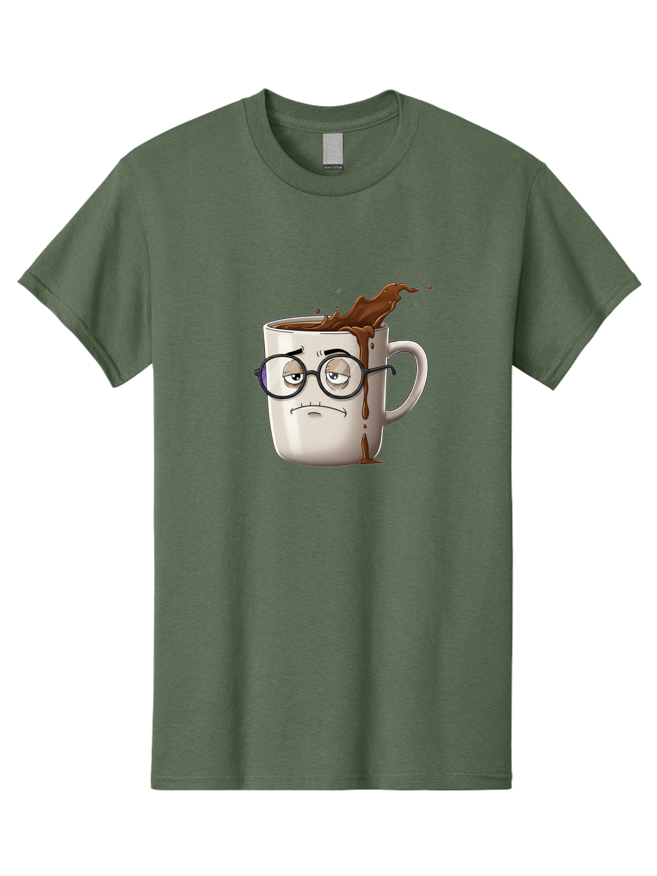 Frowning-Coffee-Mug Men'S Graphic Tee, 100% Cotton, Comfortable Casual Summer Wear, Machine Washable, Unhappy Coffee Cup, Messy Spill, Brown Liquid Splashing, Coffee Stains, Sad Face, Glasses On Mug, Comical Character, Coffee Lover Bab935