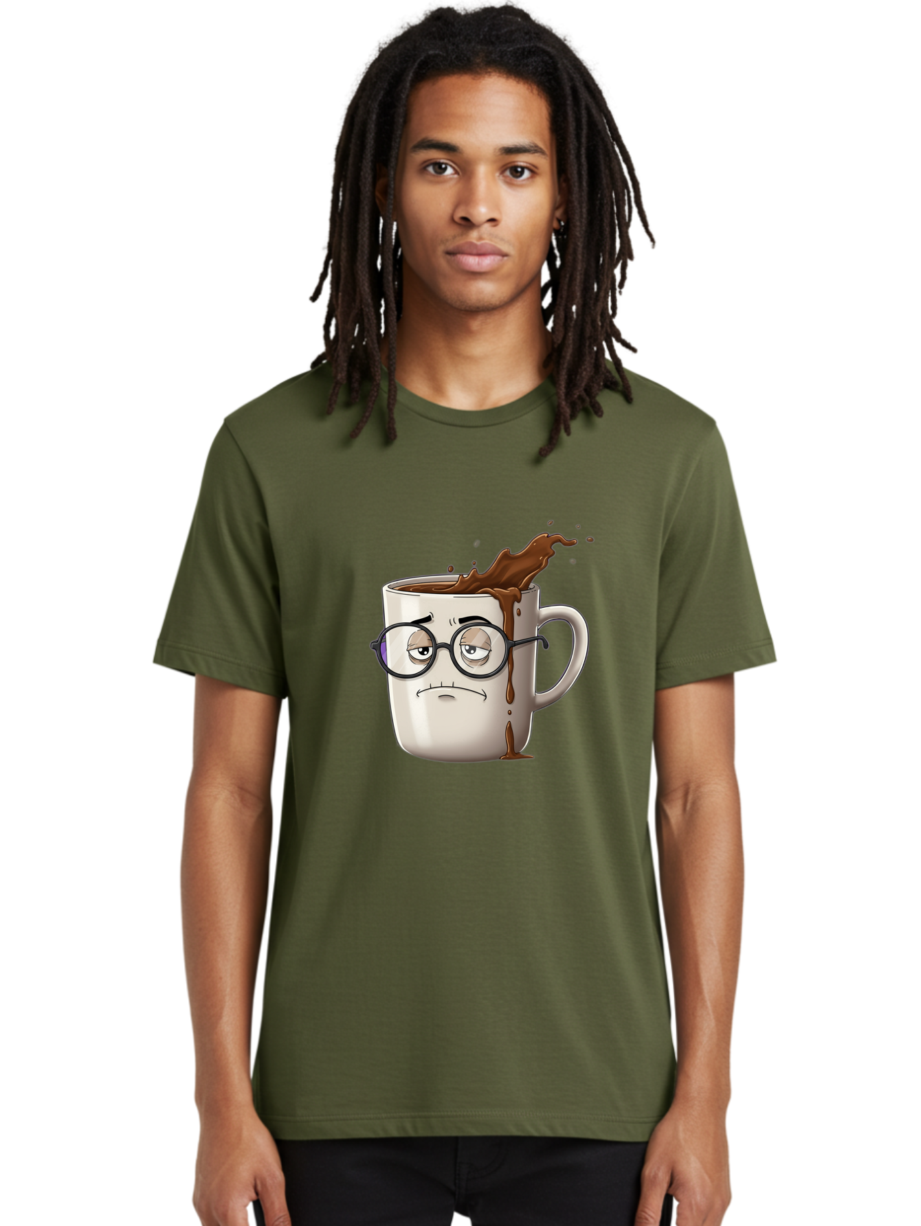 Frowning-Coffee-Mug Men'S Graphic Tee, 100% Cotton, Comfortable Casual Summer Wear, Machine Washable, Unhappy Coffee Cup, Messy Spill, Brown Liquid Splashing, Coffee Stains, Sad Face, Glasses On Mug, Comical Character, Coffee Lover Bab935