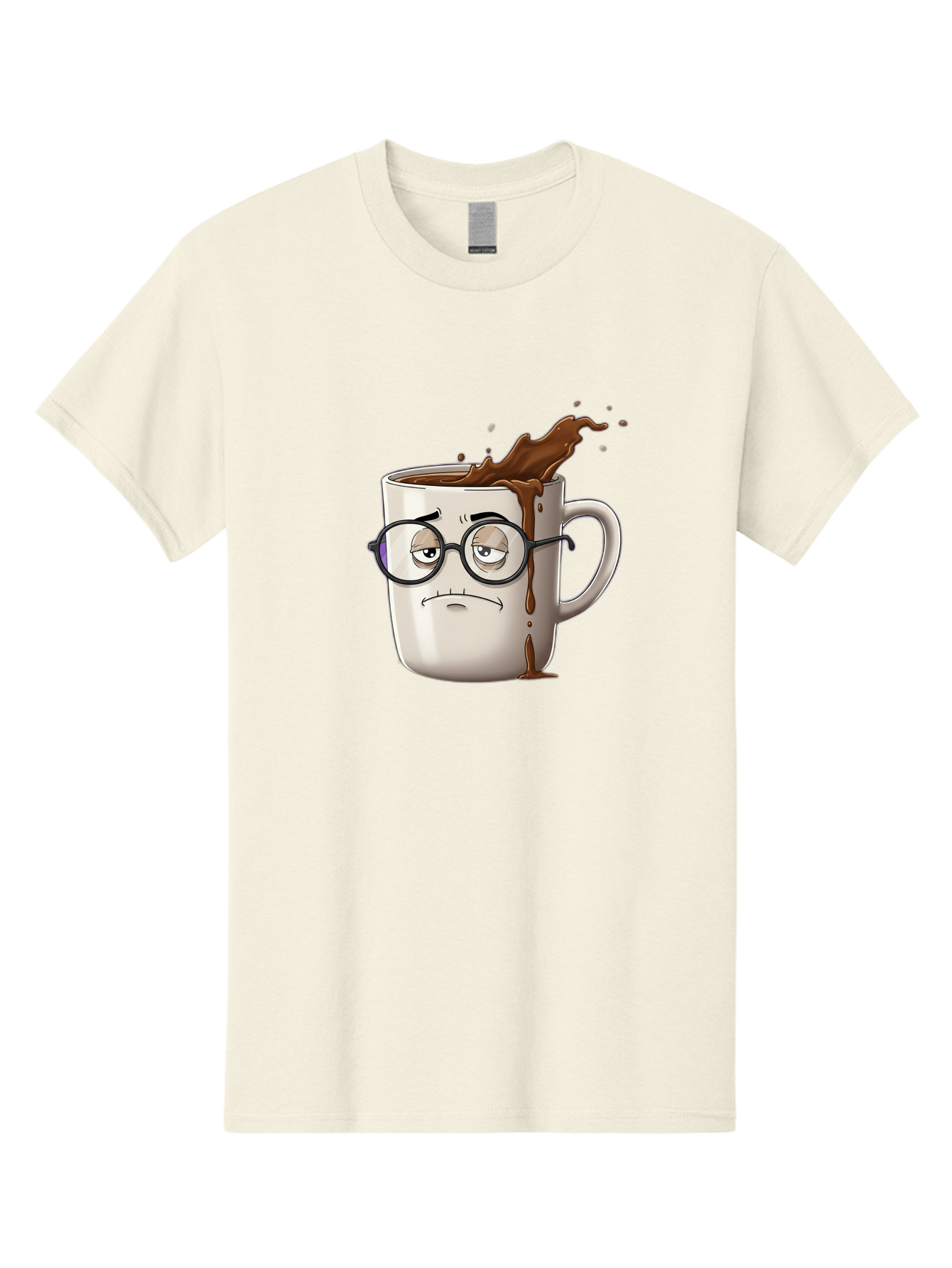 Frowning-Coffee-Mug Men'S Graphic Tee, 100% Cotton, Comfortable Casual Summer Wear, Machine Washable, Unhappy Coffee Cup, Messy Spill, Brown Liquid Splashing, Coffee Stains, Sad Face, Glasses On Mug, Comical Character, Coffee Lover Bab935