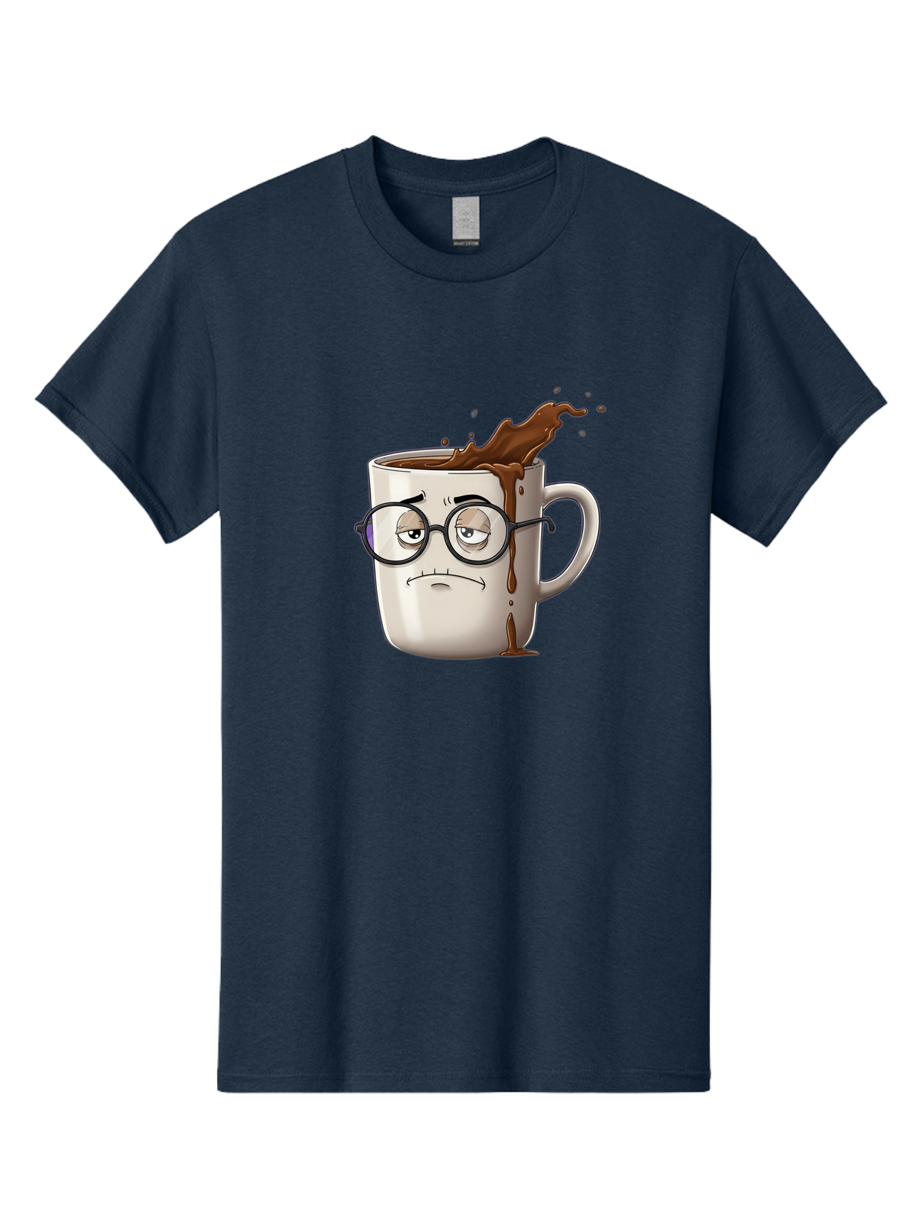 Frowning-Coffee-Mug Men'S Graphic Tee, 100% Cotton, Comfortable Casual Summer Wear, Machine Washable, Unhappy Coffee Cup, Messy Spill, Brown Liquid Splashing, Coffee Stains, Sad Face, Glasses On Mug, Comical Character, Coffee Lover Bab935