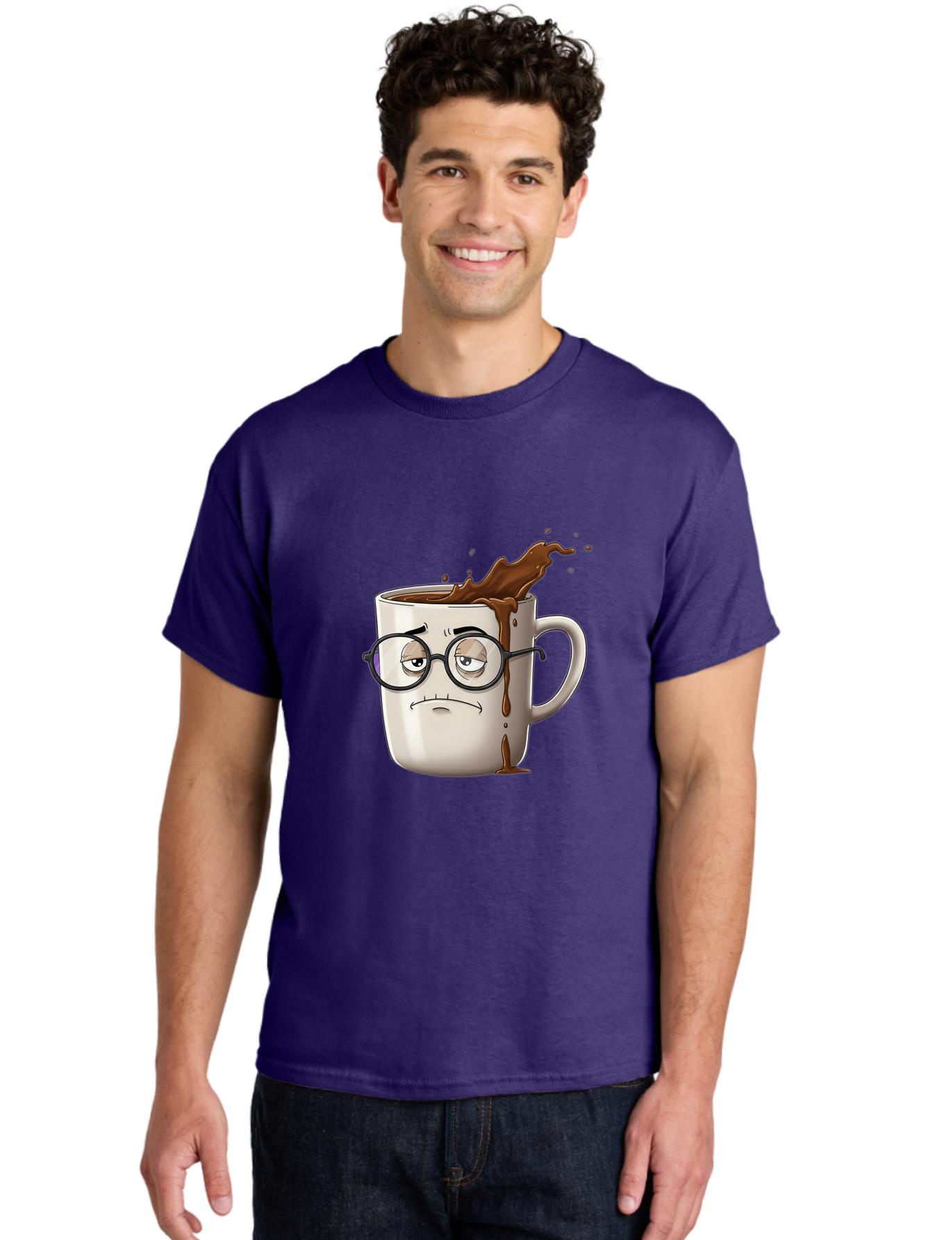 Frowning-Coffee-Mug Men'S Graphic Tee, 100% Cotton, Comfortable Casual Summer Wear, Machine Washable, Unhappy Coffee Cup, Messy Spill, Brown Liquid Splashing, Coffee Stains, Sad Face, Glasses On Mug, Comical Character, Coffee Lover Bab935