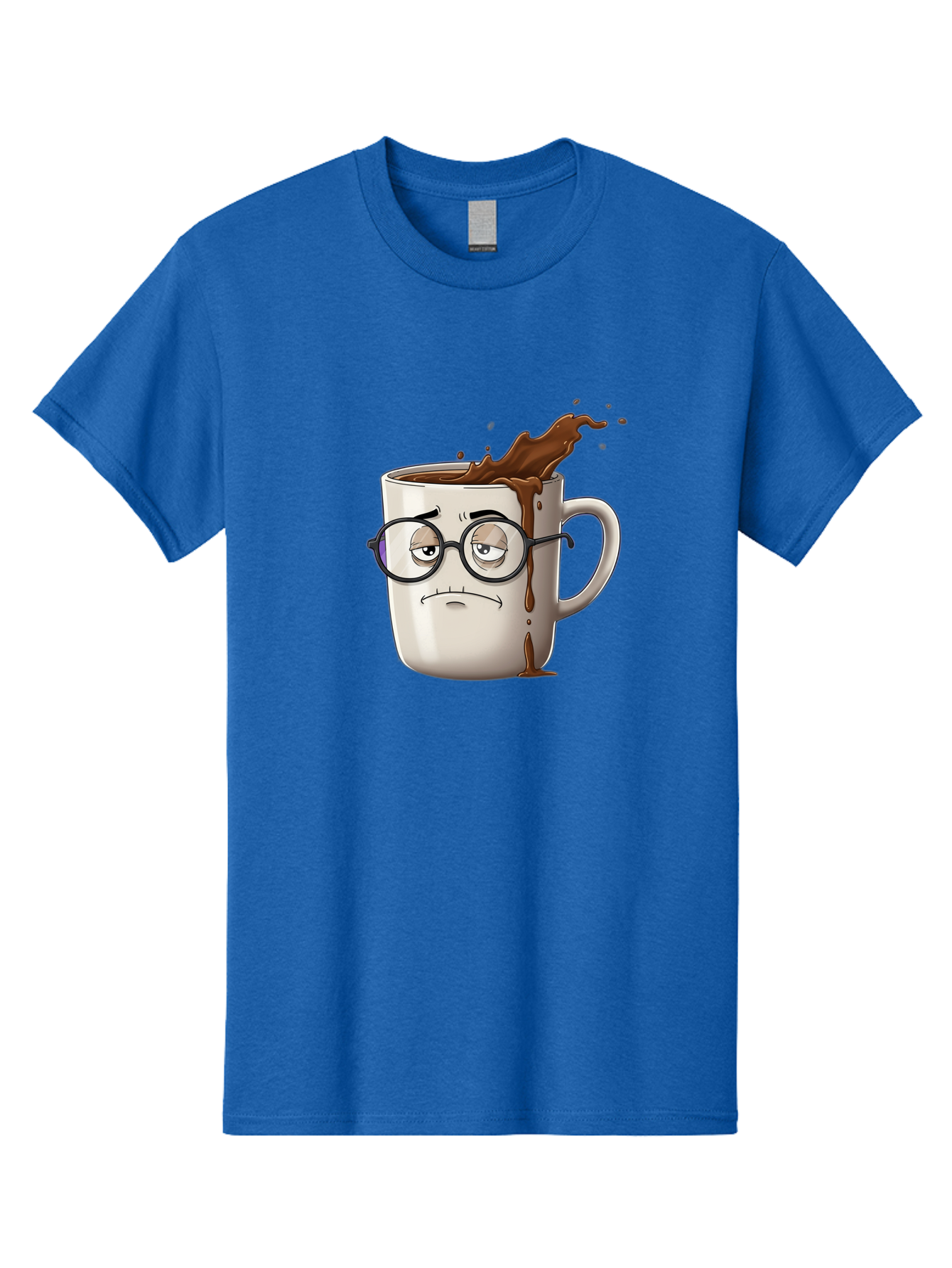Frowning-Coffee-Mug Men'S Graphic Tee, 100% Cotton, Comfortable Casual Summer Wear, Machine Washable, Unhappy Coffee Cup, Messy Spill, Brown Liquid Splashing, Coffee Stains, Sad Face, Glasses On Mug, Comical Character, Coffee Lover Bab935