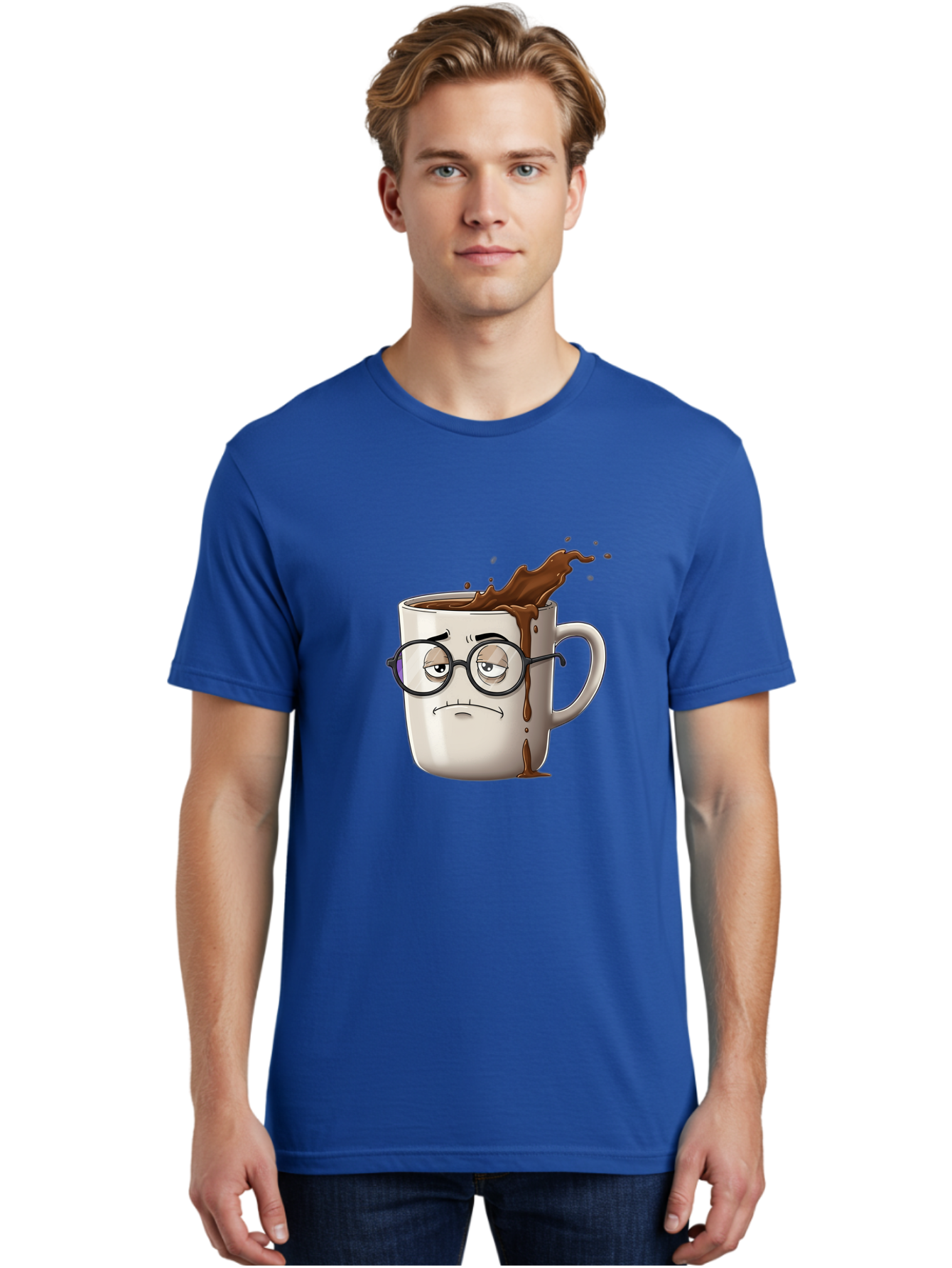 Frowning-Coffee-Mug Men'S Graphic Tee, 100% Cotton, Comfortable Casual Summer Wear, Machine Washable, Unhappy Coffee Cup, Messy Spill, Brown Liquid Splashing, Coffee Stains, Sad Face, Glasses On Mug, Comical Character, Coffee Lover Bab935