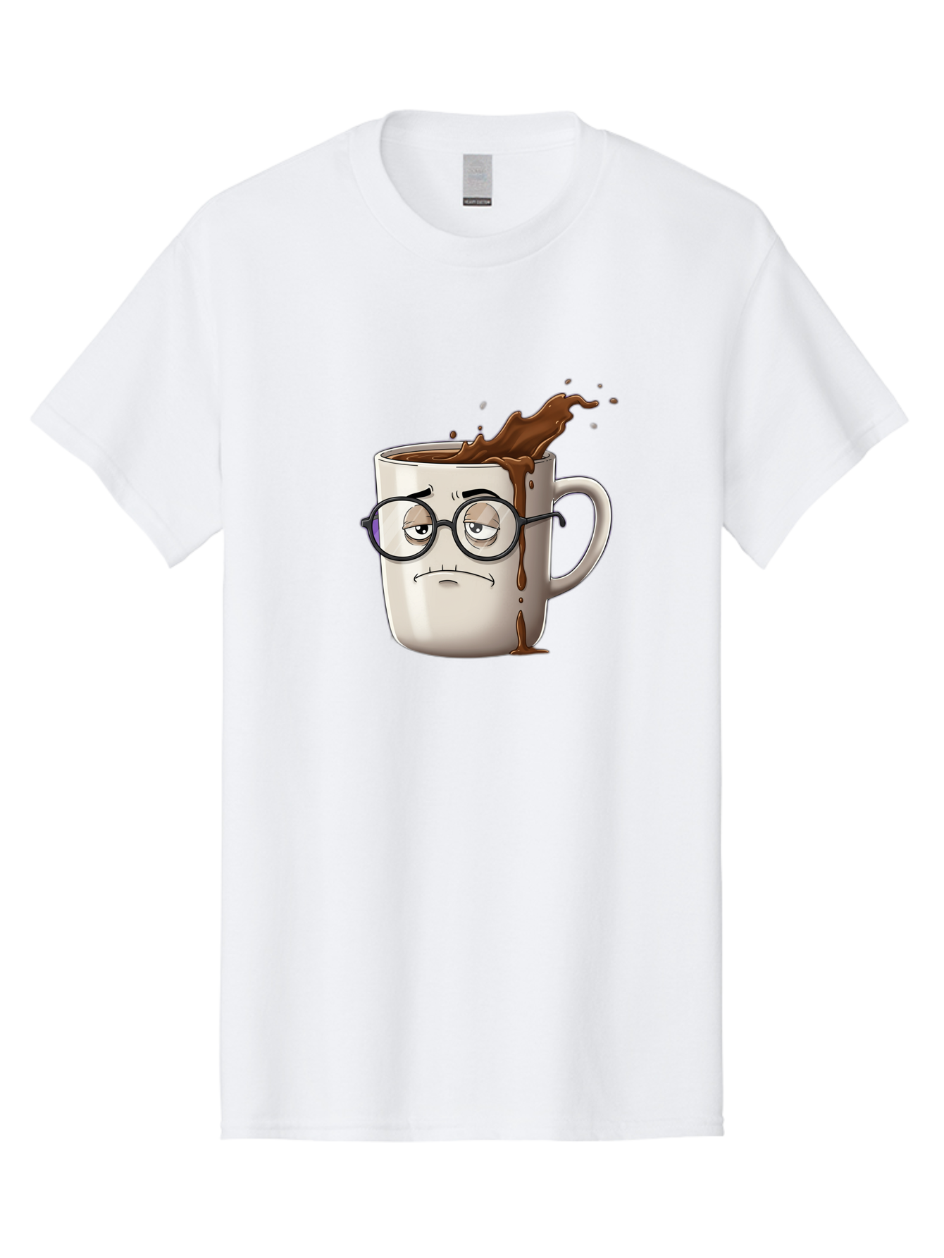 Frowning-Coffee-Mug Men'S Graphic Tee, 100% Cotton, Comfortable Casual Summer Wear, Machine Washable, Unhappy Coffee Cup, Messy Spill, Brown Liquid Splashing, Coffee Stains, Sad Face, Glasses On Mug, Comical Character, Coffee Lover Bab935