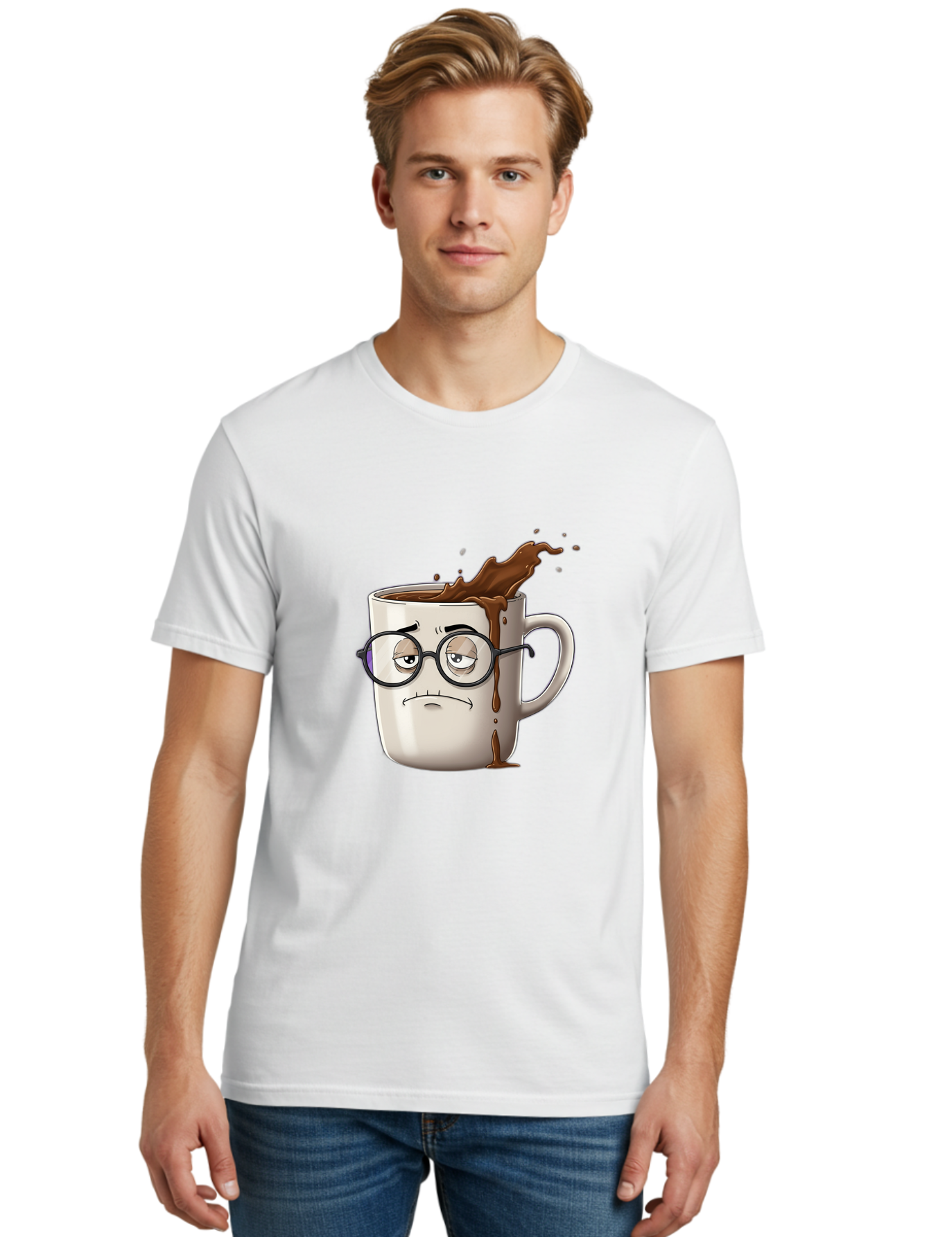 Frowning-Coffee-Mug Men'S Graphic Tee, 100% Cotton, Comfortable Casual Summer Wear, Machine Washable, Unhappy Coffee Cup, Messy Spill, Brown Liquid Splashing, Coffee Stains, Sad Face, Glasses On Mug, Comical Character, Coffee Lover Bab935