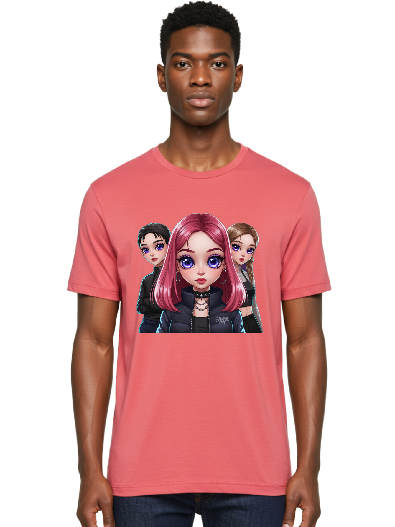 Gagwin Men'S Graphic Tee, 100% Cotton, Comfortable Casual Summer Wear, Machine Washable, Anime Style Illustration, Pink Haired Girl, Blue Eyes, Edgy Fashion, Bold Makeup, Gothic Style, Futuristic Clothing, Choker Necklace, Group Portrait, Bab936