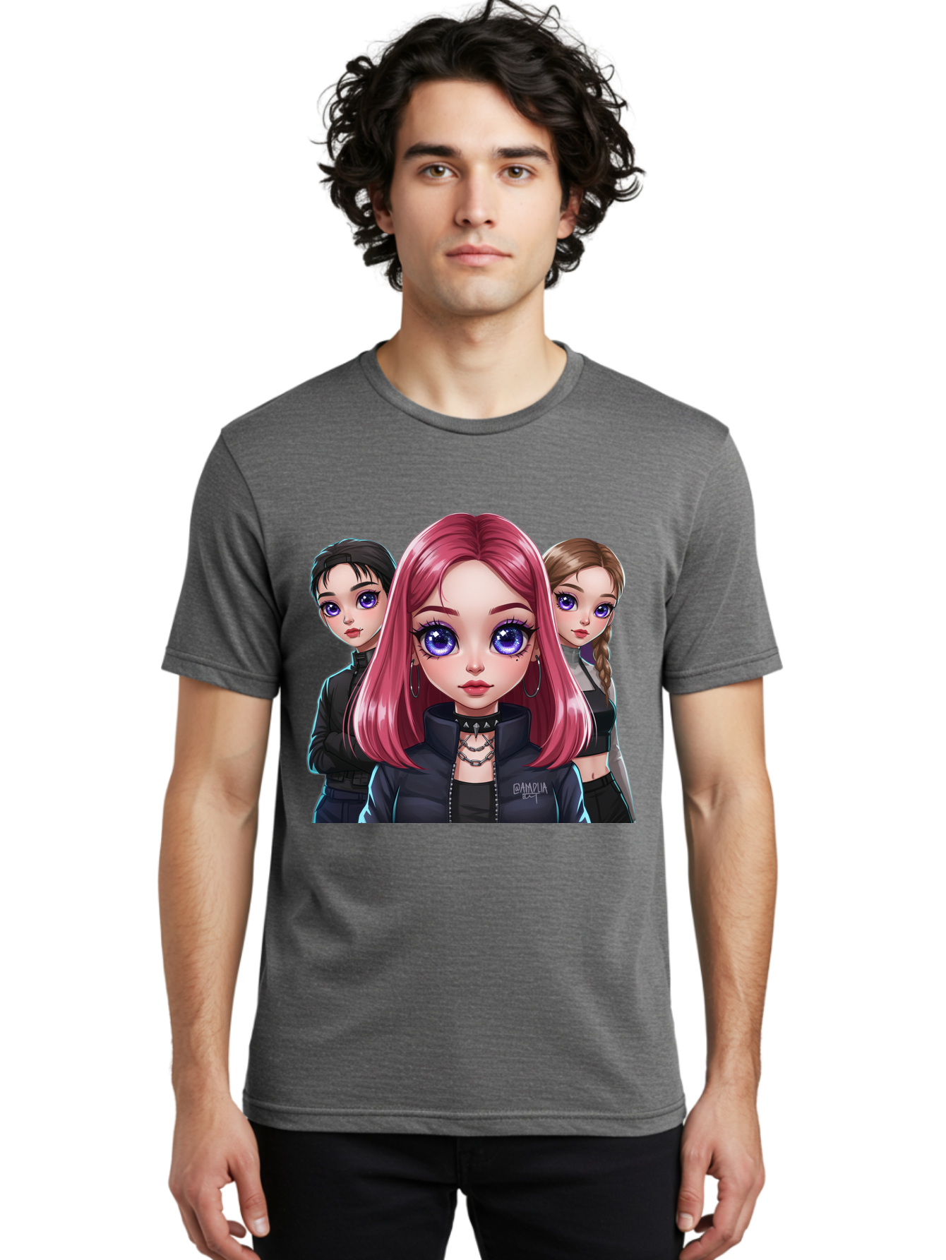 Gagwin Men'S Graphic Tee, 100% Cotton, Comfortable Casual Summer Wear, Machine Washable, Anime Style Illustration, Pink Haired Girl, Blue Eyes, Edgy Fashion, Bold Makeup, Gothic Style, Futuristic Clothing, Choker Necklace, Group Portrait, Bab936