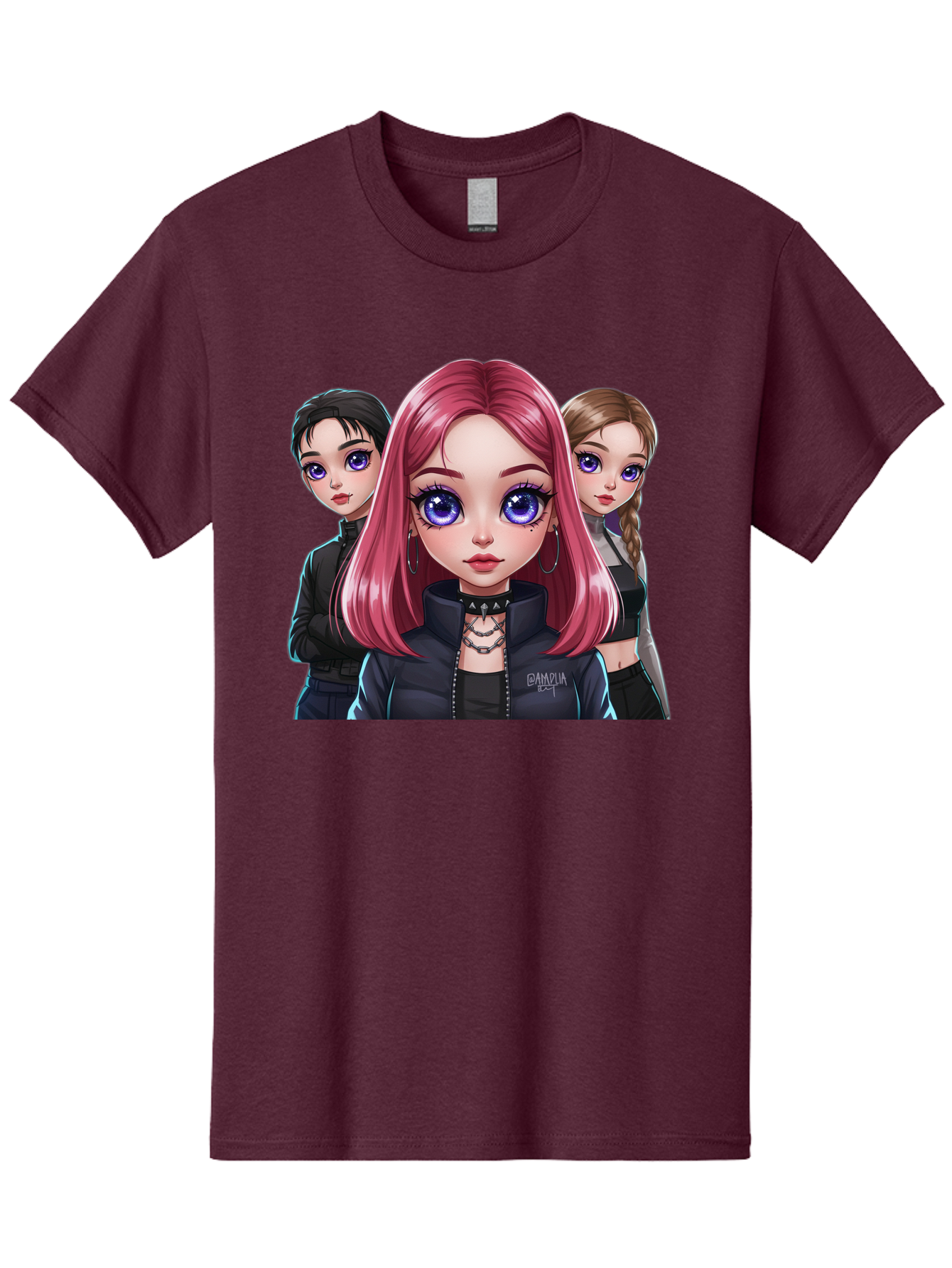 Gagwin Men'S Graphic Tee, 100% Cotton, Comfortable Casual Summer Wear, Machine Washable, Anime Style Illustration, Pink Haired Girl, Blue Eyes, Edgy Fashion, Bold Makeup, Gothic Style, Futuristic Clothing, Choker Necklace, Group Portrait, Bab936