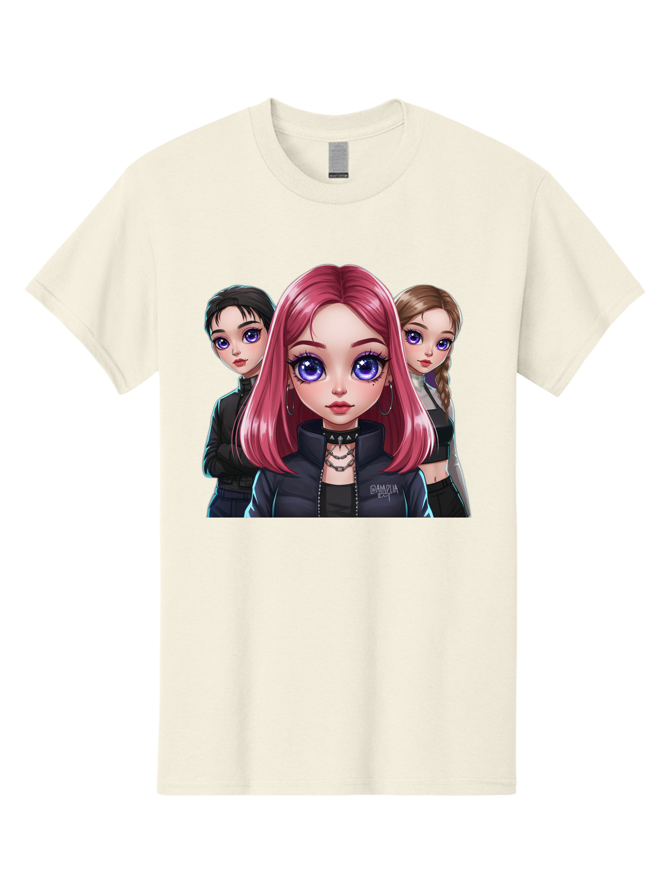 Gagwin Men'S Graphic Tee, 100% Cotton, Comfortable Casual Summer Wear, Machine Washable, Anime Style Illustration, Pink Haired Girl, Blue Eyes, Edgy Fashion, Bold Makeup, Gothic Style, Futuristic Clothing, Choker Necklace, Group Portrait, Bab936