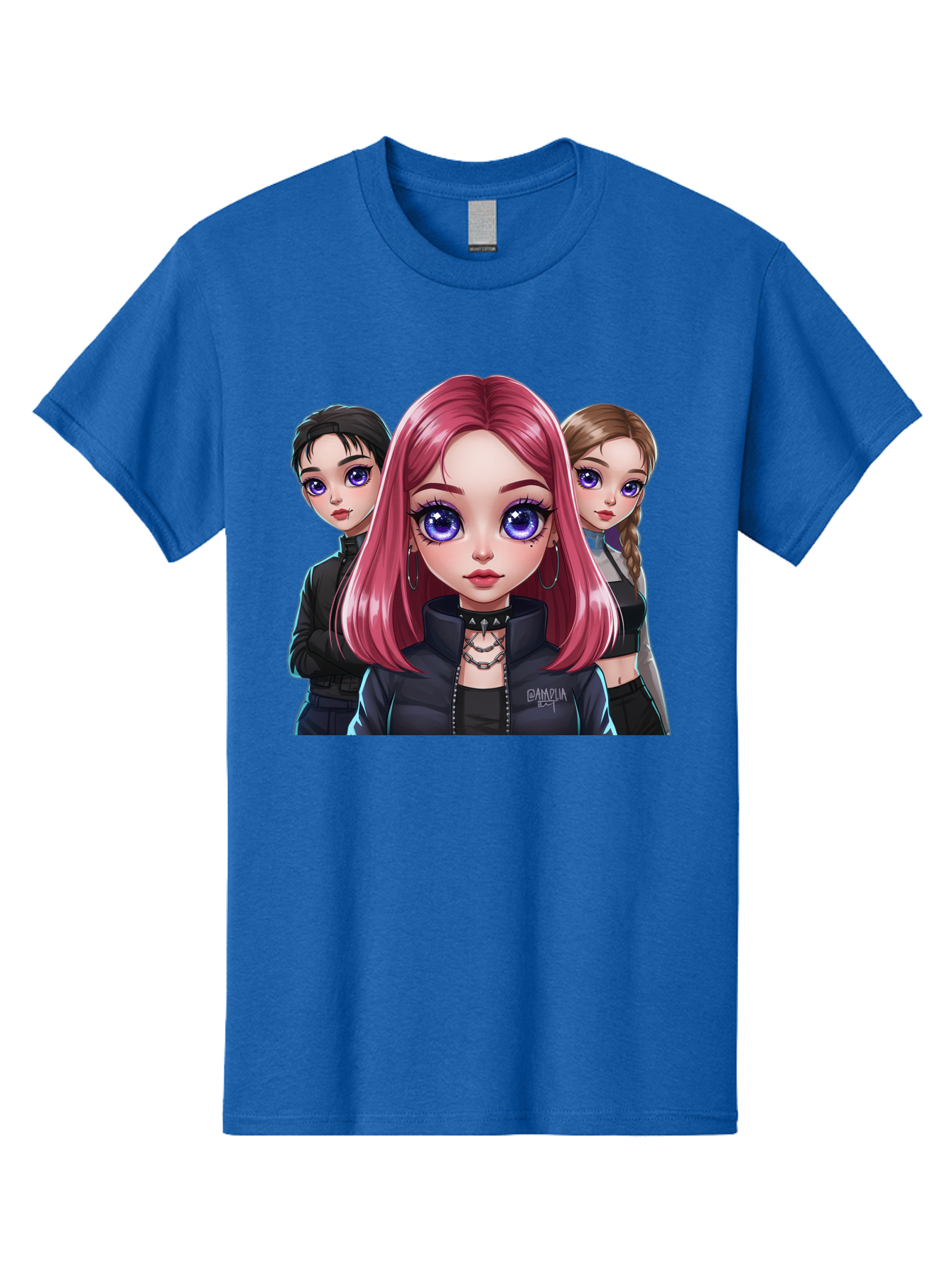Gagwin Men'S Graphic Tee, 100% Cotton, Comfortable Casual Summer Wear, Machine Washable, Anime Style Illustration, Pink Haired Girl, Blue Eyes, Edgy Fashion, Bold Makeup, Gothic Style, Futuristic Clothing, Choker Necklace, Group Portrait, Bab936