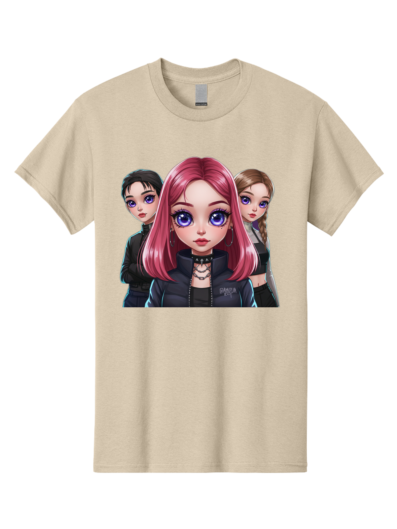 Gagwin Men'S Graphic Tee, 100% Cotton, Comfortable Casual Summer Wear, Machine Washable, Anime Style Illustration, Pink Haired Girl, Blue Eyes, Edgy Fashion, Bold Makeup, Gothic Style, Futuristic Clothing, Choker Necklace, Group Portrait, Bab936
